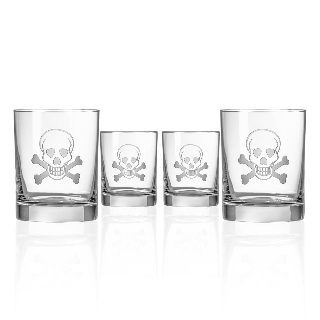 Skull and Crossbones 13oz Double Old Fashioned Glasses - Set of 12 | Perfect for Halloween Parties, Themed Bars & Whiskey Cocktails