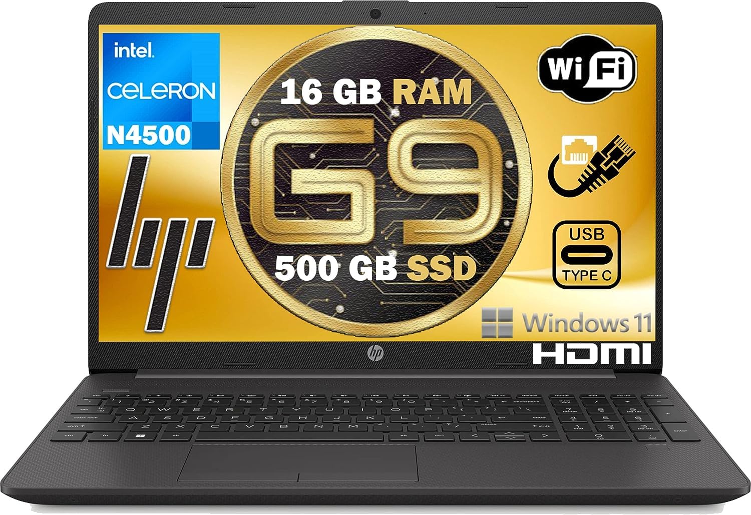 HP Notebook 2024 G9 Laptop - Intel N4500, 16GB RAM, 500GB PCIe NVMe SSD, 15.6