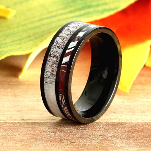 Fordite and Deer Antler Wedding Ring Set - Unique Motor Agate Engagement Rings for Car Enthusiasts - Handcrafted Alternative Jewelry for Weddings, Anniversaries and Gifts