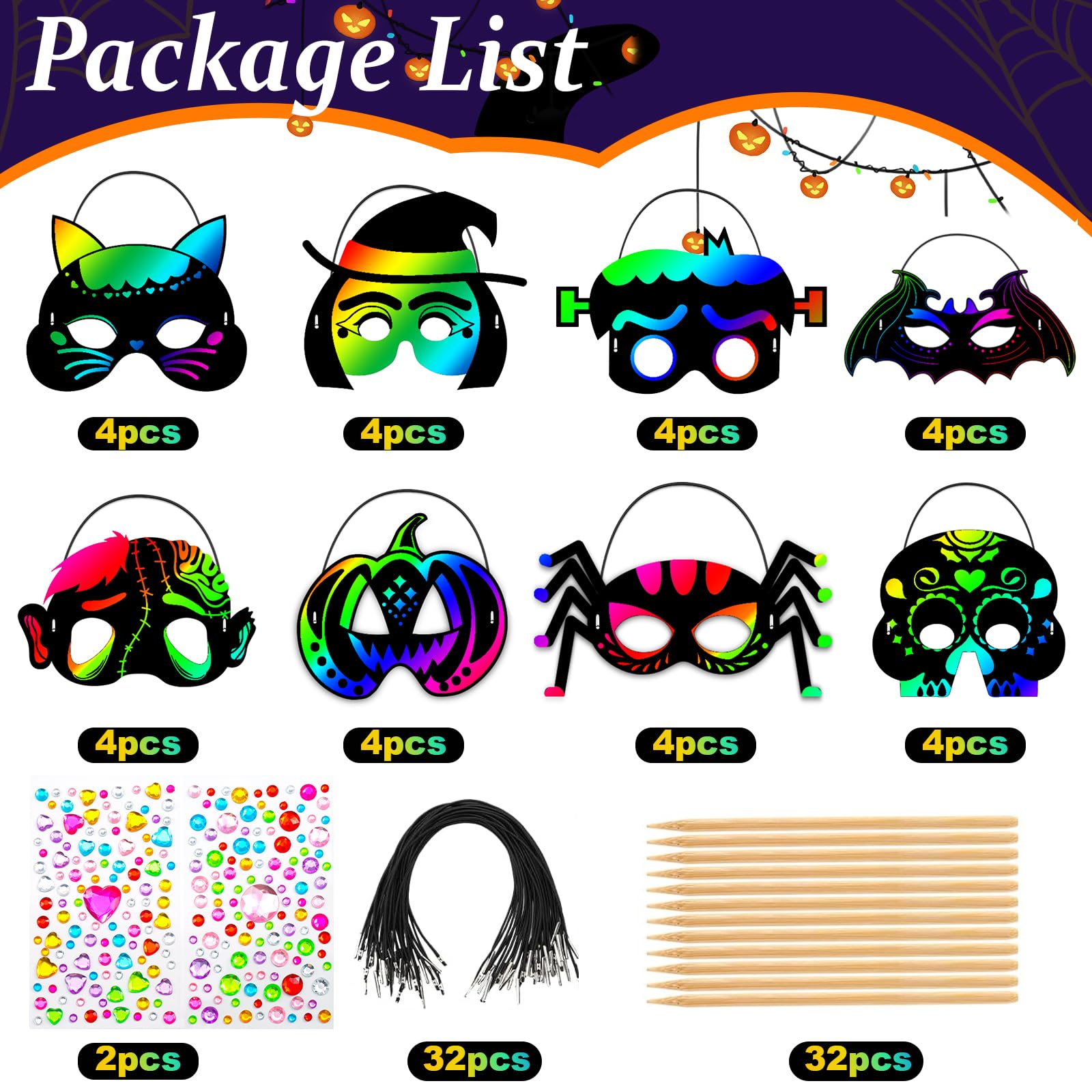 32Pcs Halloween Scratch Art Kit for Kids - Rainbow Scratch Masks, DIY Halloween Crafts, Classroom Party Supplies & Games | Perfect for Halloween Parties, Classroom Activities & Creative Fun