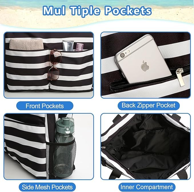 HirTa Women's Large Waterproof Western Hobo Shoulder Bag - Sandproof Beach Tote with Zipper & Wet Pockets for Travel, Pool, Grocery Shopping & Teacher Use - Black Checkered Pattern