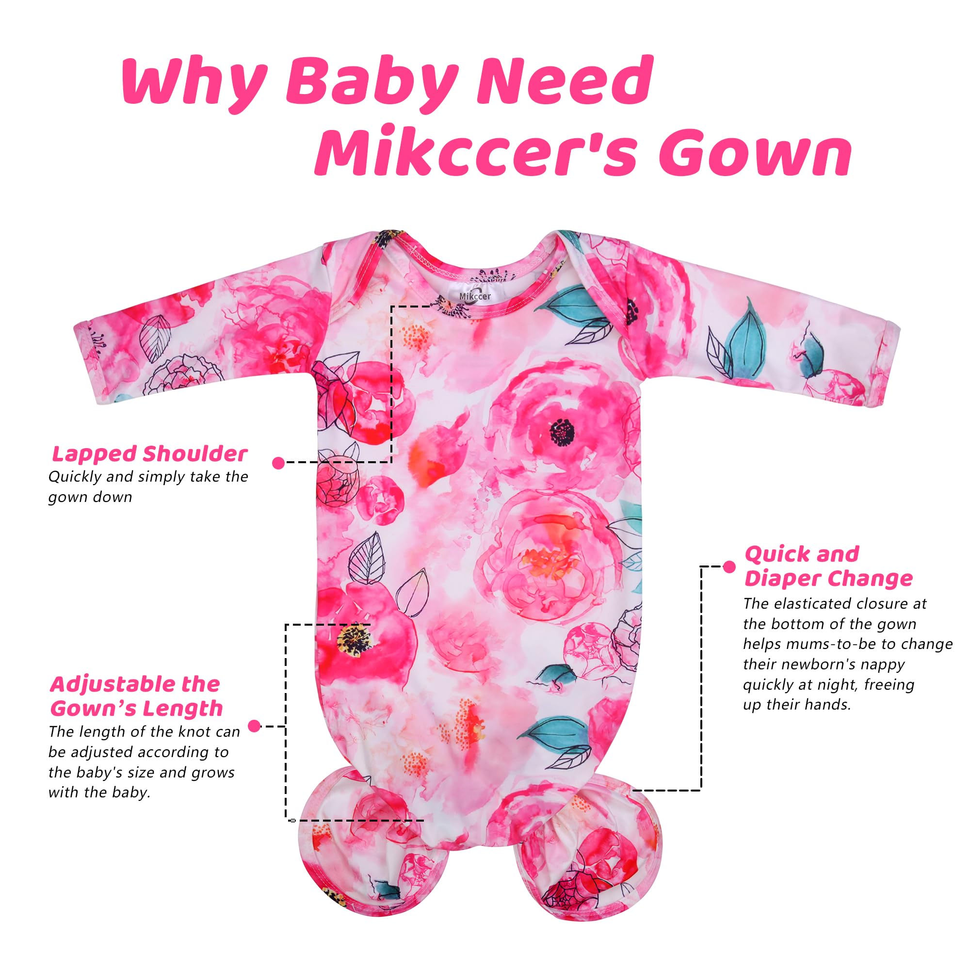 Super Soft Knotted Baby Gown for Newborn Girls | Breathable Infant Sleeper & Coming Home Outfit with Hat Set | Perfect for Nighttime, Hospital & Photo Shoots