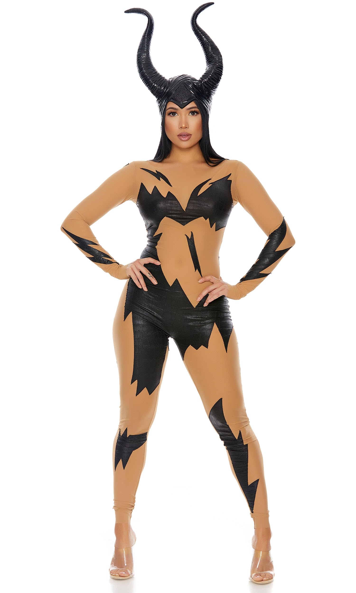 Evil Mistress Movie Villain Costume for Women - Gothic Witch Jumpsuit with Horn Headband - Halloween, Cosplay & Roleplay Outfit - Size M/L - Perfect for Halloween Parties, Comic Con & Theatrical Performances