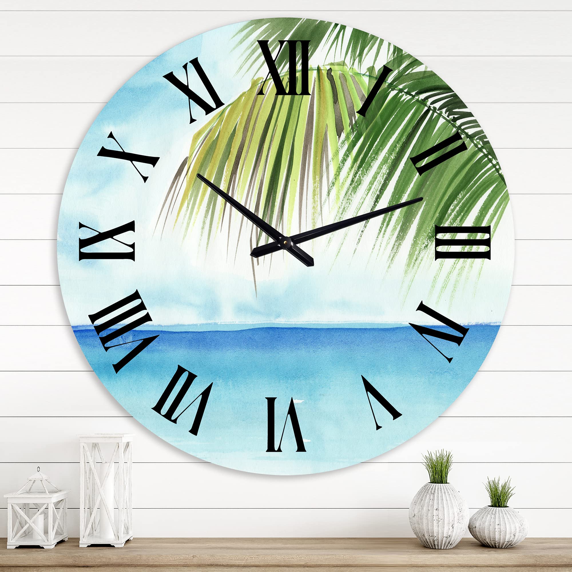 DesignQ Nautical Coastal Wall Clock - Palm Beach Resort at Dawn III - Large Nature Landscape Wall Clock for Bedroom, Living Room & Office Decor - Perfect for Beach House, Coastal Theme & Home Styling
