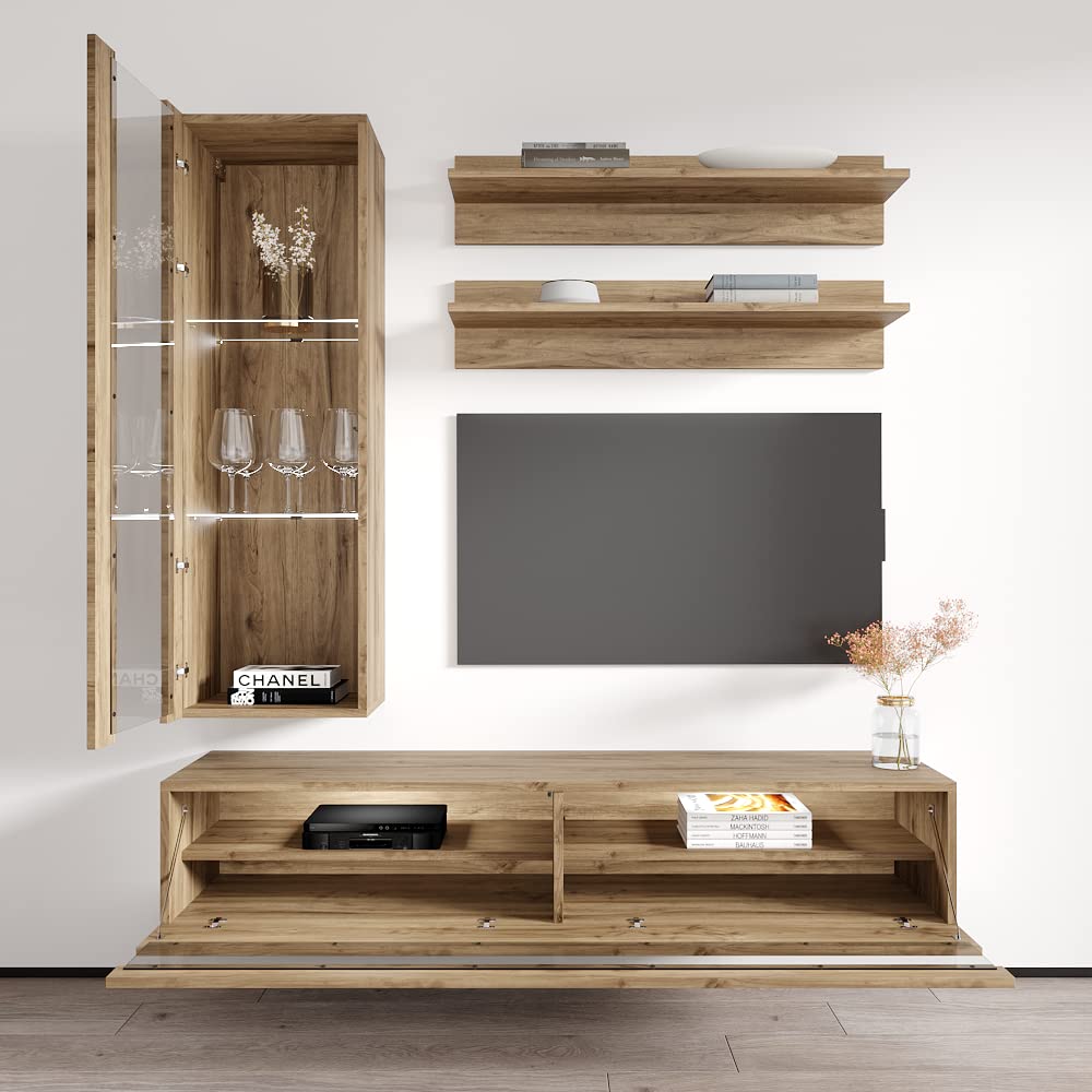 Modern Floating TV Stand with Storage & LED Lights - Wall-Mounted Entertainment Center for Bedroom & Living Room - H2 35TV Console with Shelves in Oak Finish - Perfect for Small Spaces & Home Theater Setup