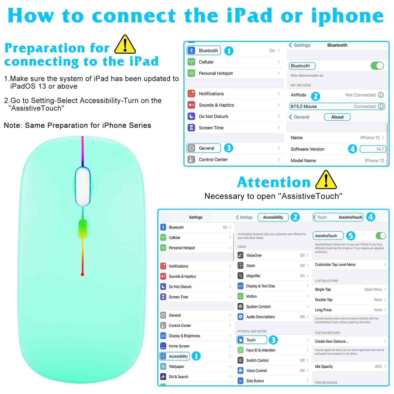 UrbanX 2.4GHz & Bluetooth Rechargeable Wireless LED Mouse for Acer Spin 3, Compatible with TV/Laptop/PC/Mac/iPad Pro/Computer/Tablet/Android - Turquoise, Perfect for Home, Office, and Travel Use