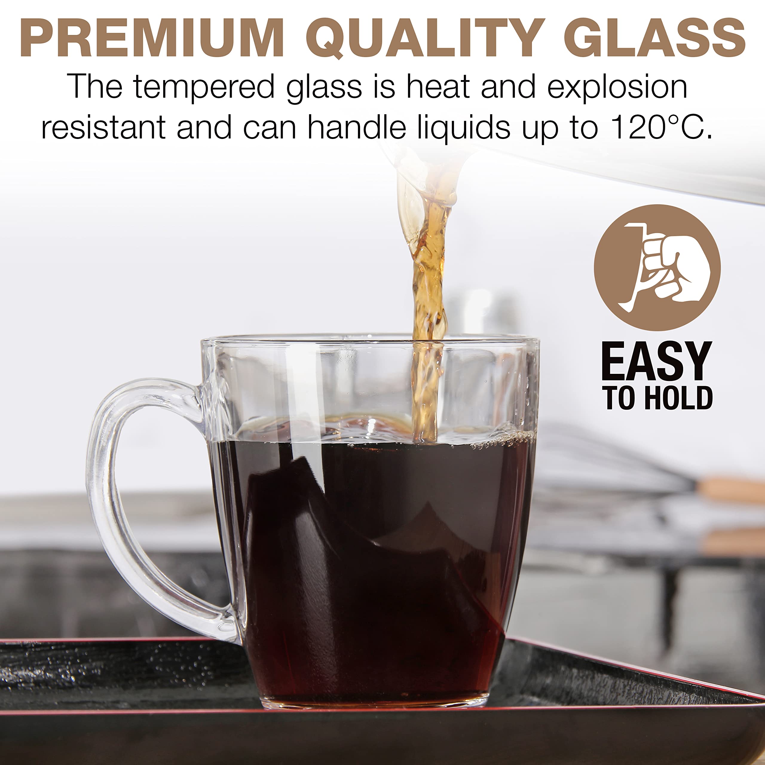 Clear Glass Coffee Mugs Set of 6 - Hot Beverage Cups for Home & Cafe Use