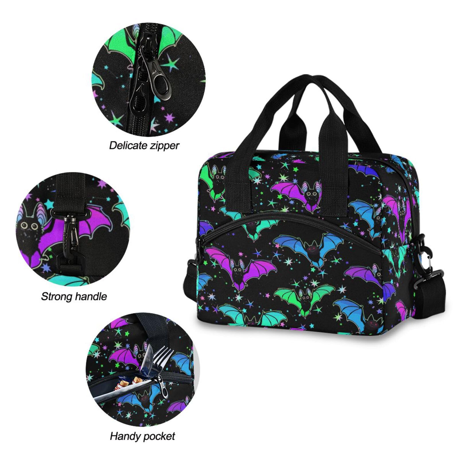 Psychedelic Bat Print Insulated Lunch Bag for Women & Men - Reusable Tote with Adjustable Shoulder Straps for Work, School & Picnics | Cute Lunch Box for Office, College & Outdoor Activities