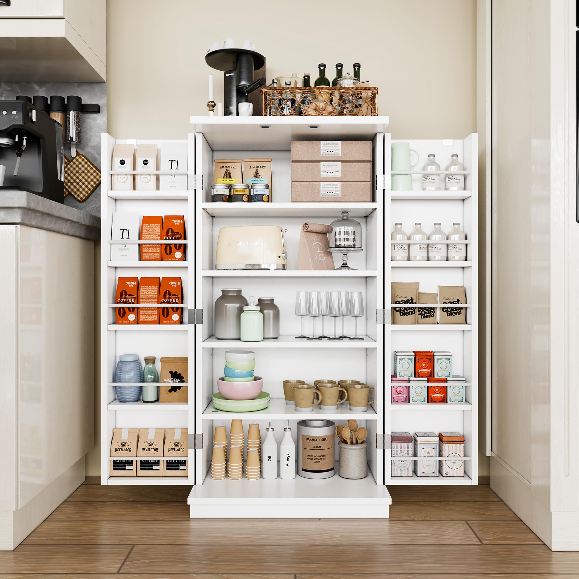 Shintenchi White Pantry Cabinet - Adjustable Shelves & Doors, Freestanding Kitchen Storage Cabinet, Buffet Sideboard for Dining Room or Living Room - Perfect for Organizing Dishes, Cookware & Kitchen Essentials