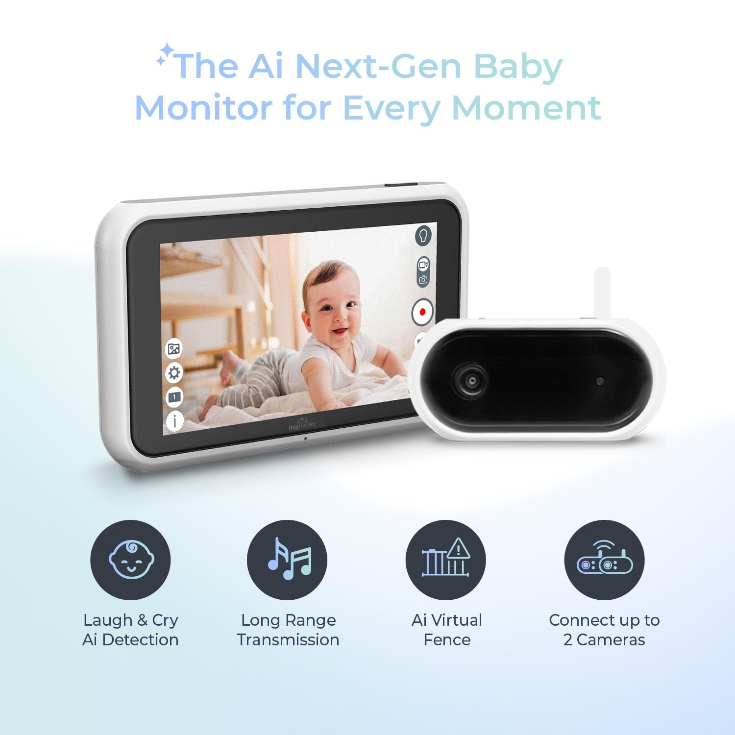 Tiny Traveler AI Smart Wireless Baby Car Monitor - AI-Powered Safety Alerts with Cry/Laugh/Stand Detection, Virtual Fence, 1000ft Long Range & Night Vision | Lullabies & Night Light for Safe Road Trips & Peace of Mind Parenting