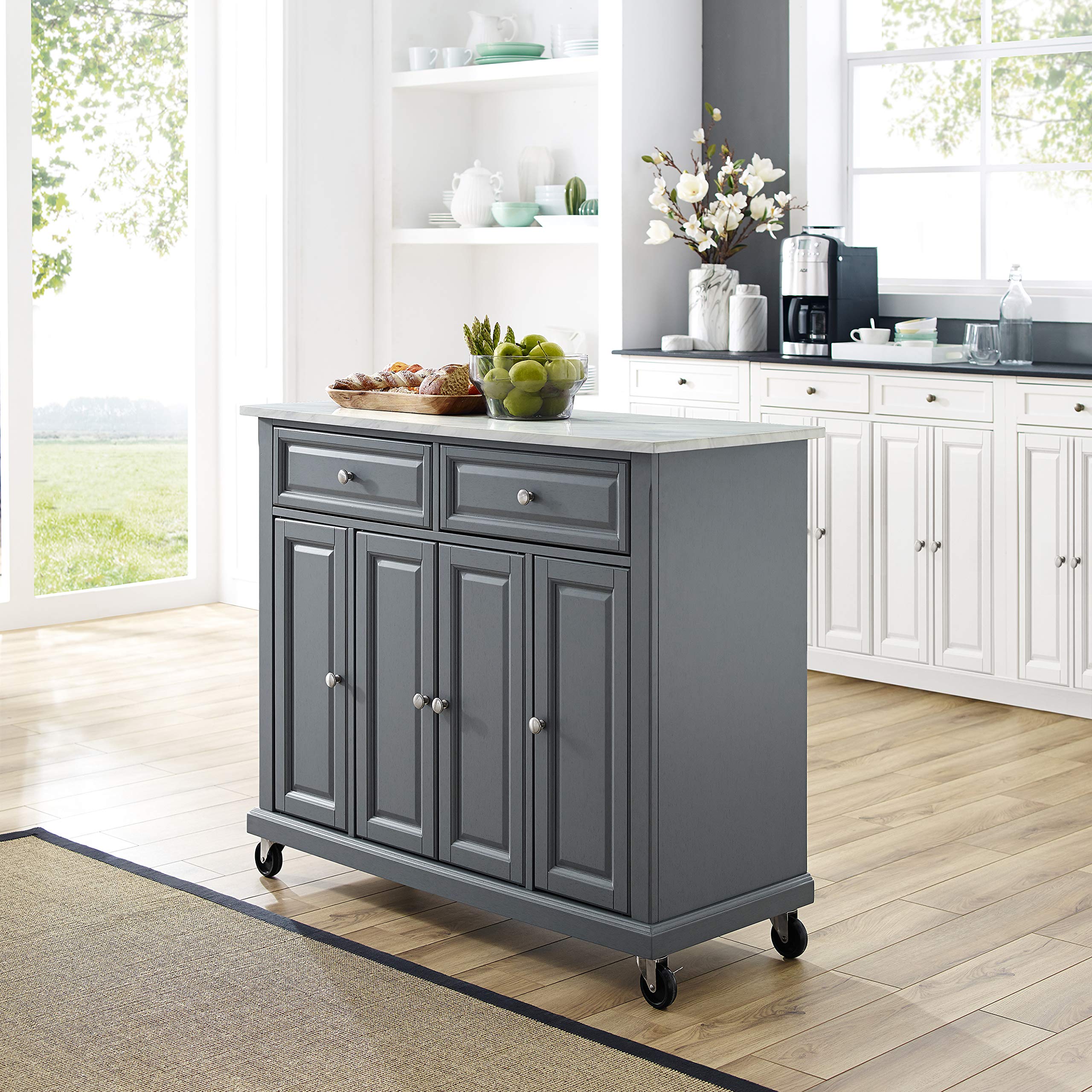 Crosley Avery Rolling Storage Cart - Kitchen Island with Shelves, Microwave Stand & Coffee Bar Organizer - Gray - Perfect for Small Spaces, Apartment Living & Mobile Kitchen Storage