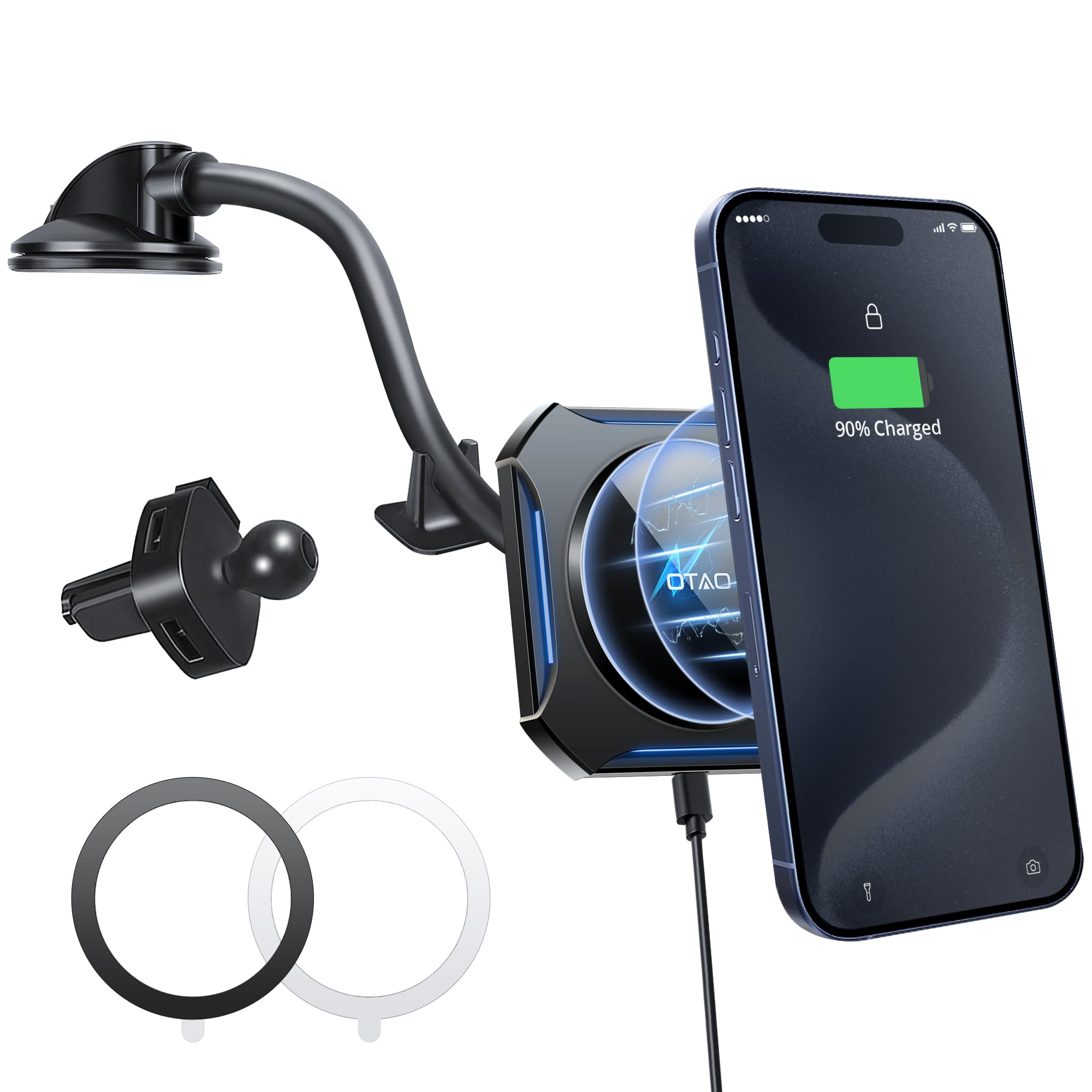 OTAO Magsafe Car Mount Wireless Charger - Fast Charging Magnetic Phone Holder for iPhone 15/14/13/12 Pro Max - Air Vent & Dashboard Car Accessories - Perfect for Commuting & Road Trips