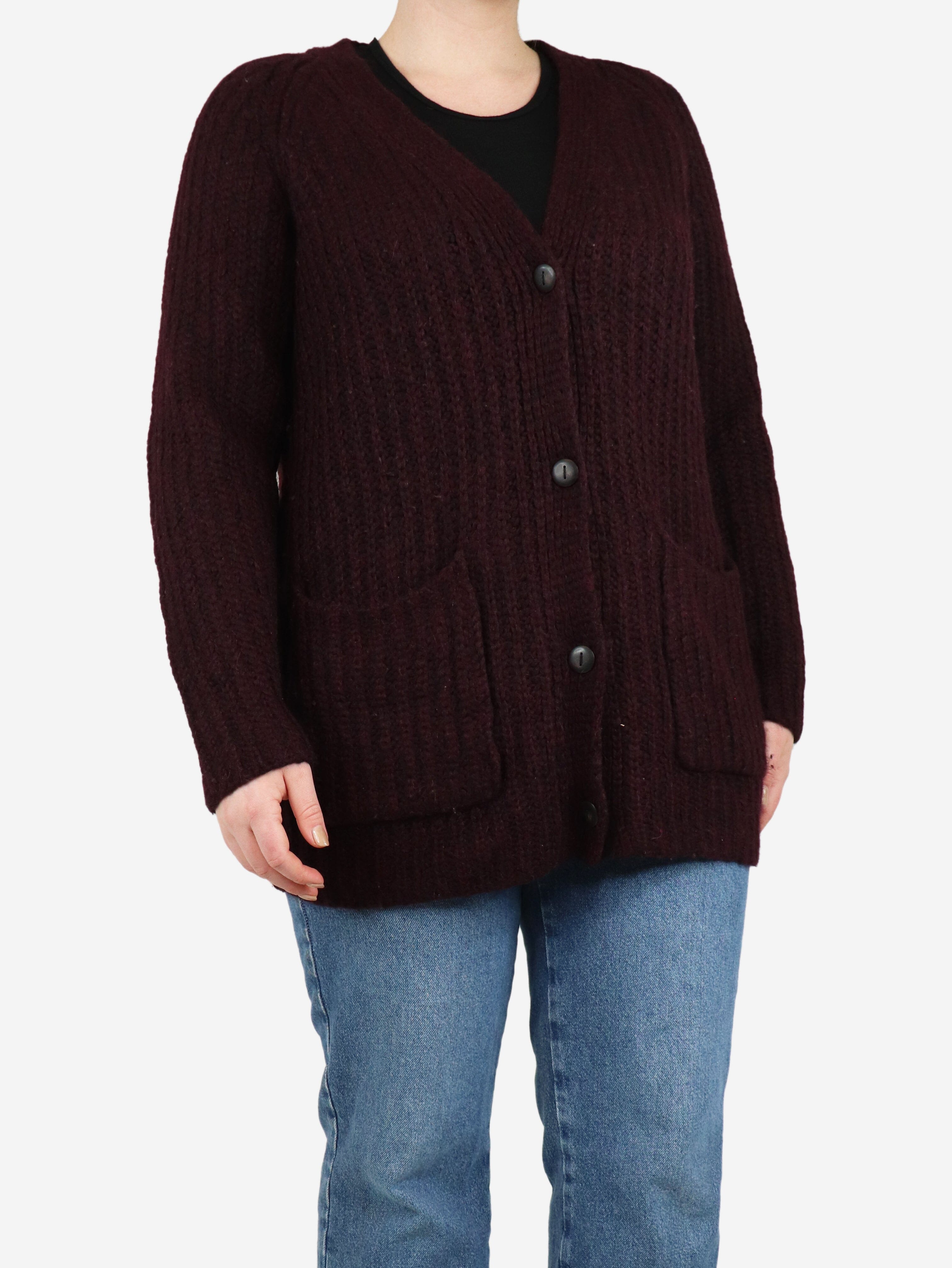 Burgundy Chunky Ribbed Cardigan for Women - Size M | Cozy Winter Sweater for Casual Outfits & Layering
