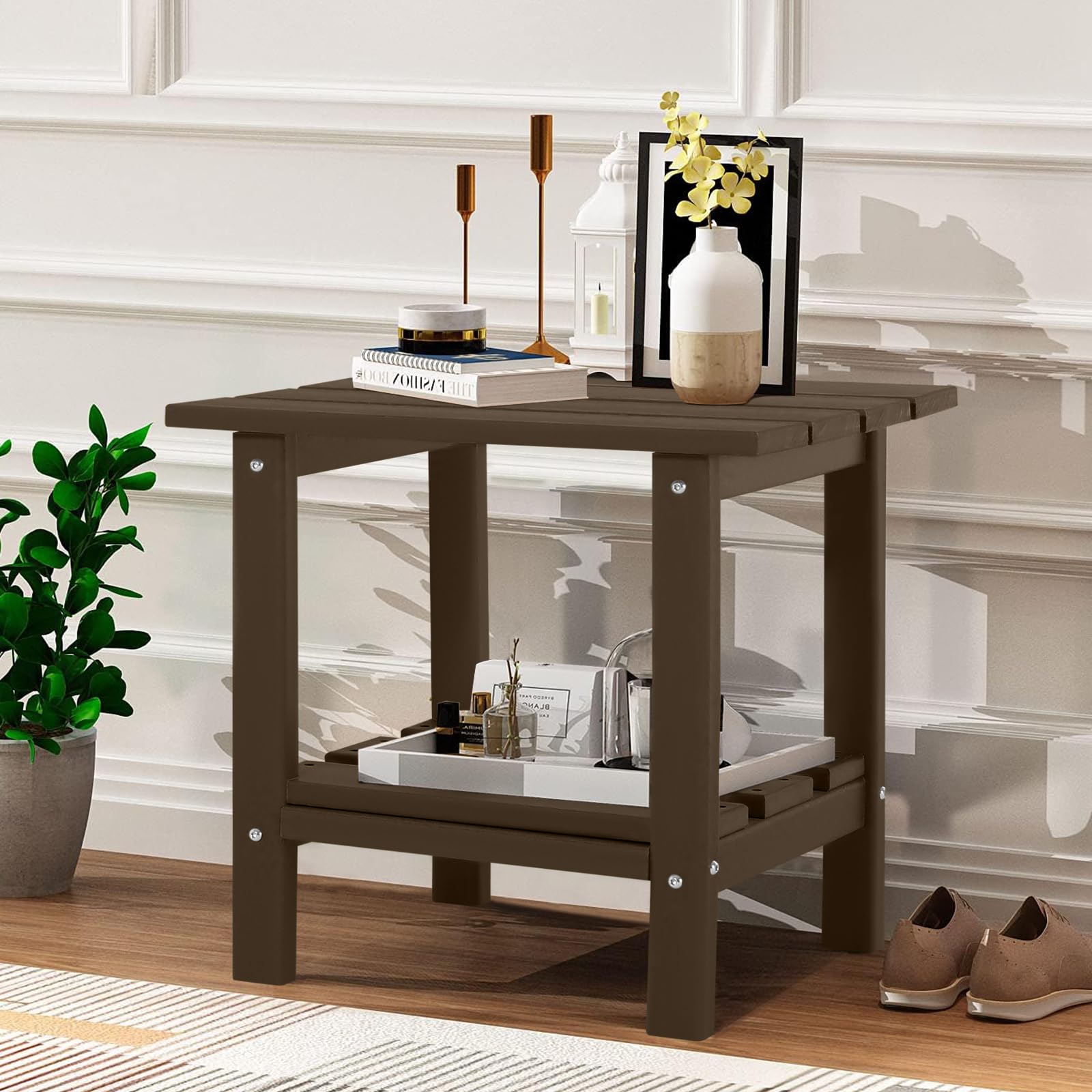 Adirondack Side Table Outdoor with Double Layers - Weather Resistant Square End Table for Patio, Pool, Garden, Backyard & Lawn in Dark Brown | Perfect for Outdoor Relaxation & Entertaining