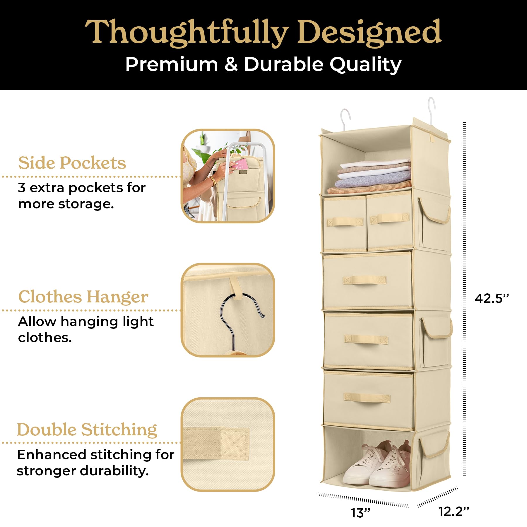 SMIRLY 6-Tier Hanging Closet Organizer with Storage Shelves - Foldable Wardrobe Organizer with 2 Heavy-Duty Hooks for Bedroom, Nursery, Closet & Home Storage | Perfect for Clothes, Toys & Accessories Organization