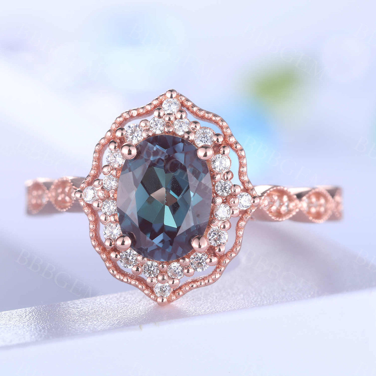 Alexandrite & Rose Gold Engagement Ring with Halo Diamonds - Wedding, Promise Jewelry for Her - Perfect for Proposals, Anniversaries & Special Occasions