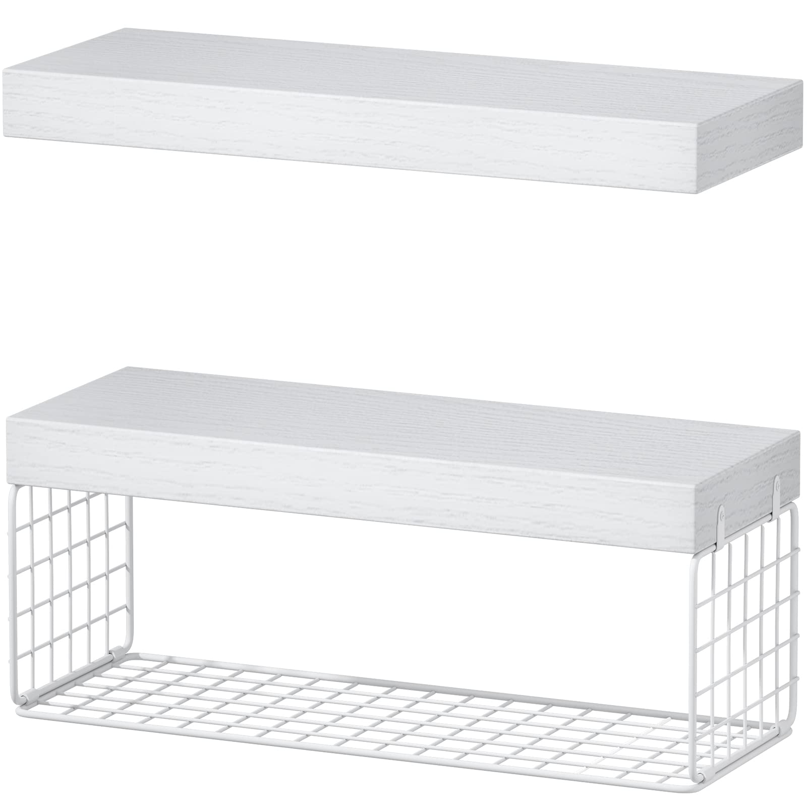 White Floating Bathroom Shelves Over Toilet - 16 Inch Wall Mounted Farmhouse Shelves Set of 2 with Toilet Paper Storage - Perfect for Small Bathrooms, Powder Rooms & Farmhouse Style Decor