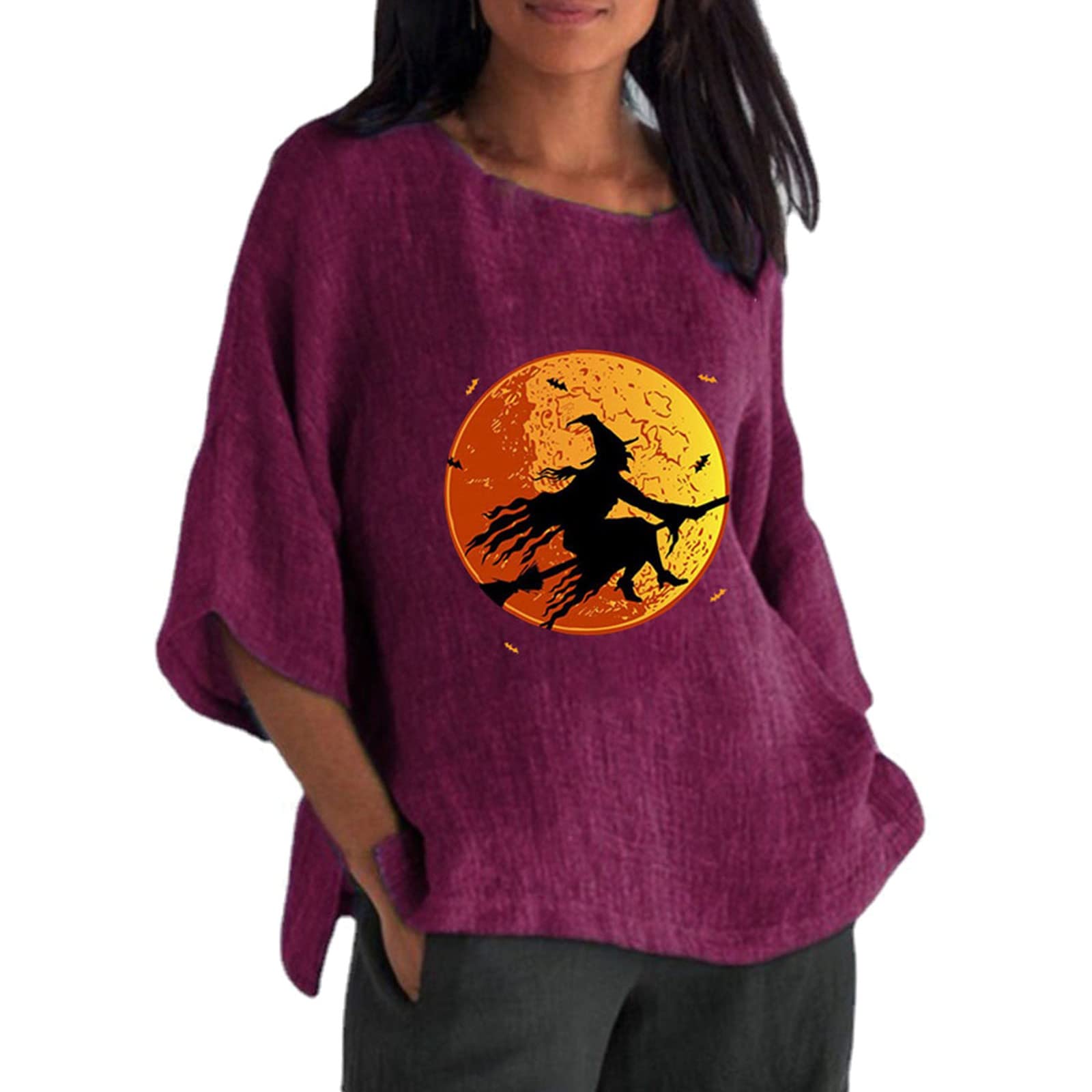 Women's Halloween Pumpkin Printed Loose T-Shirt - 3/4 Sleeve Crew Neck Bloody Costume Top for Spooky Parties & Trick or Treat