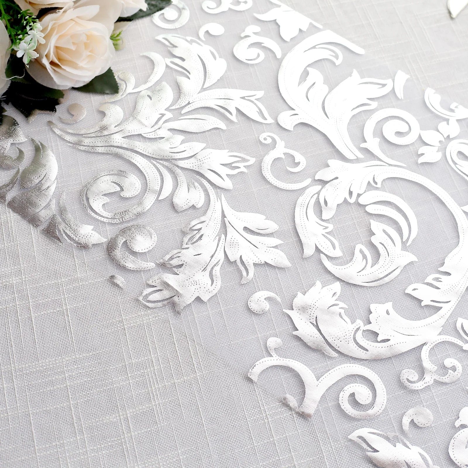 12-Pack 108-Inch Metallic Sheer Organza Table Runners with Elegant Swirl Floral Design - Perfect for Weddings, Parties, and Holiday Decorations