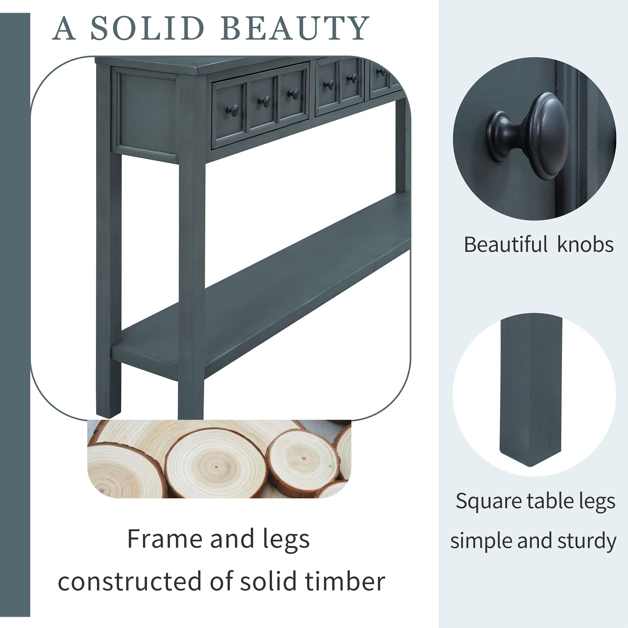 Distressed 4-Drawer Entryway Console Table with Open Shelf - Solid Wood Frame, 220lbs Capacity (60