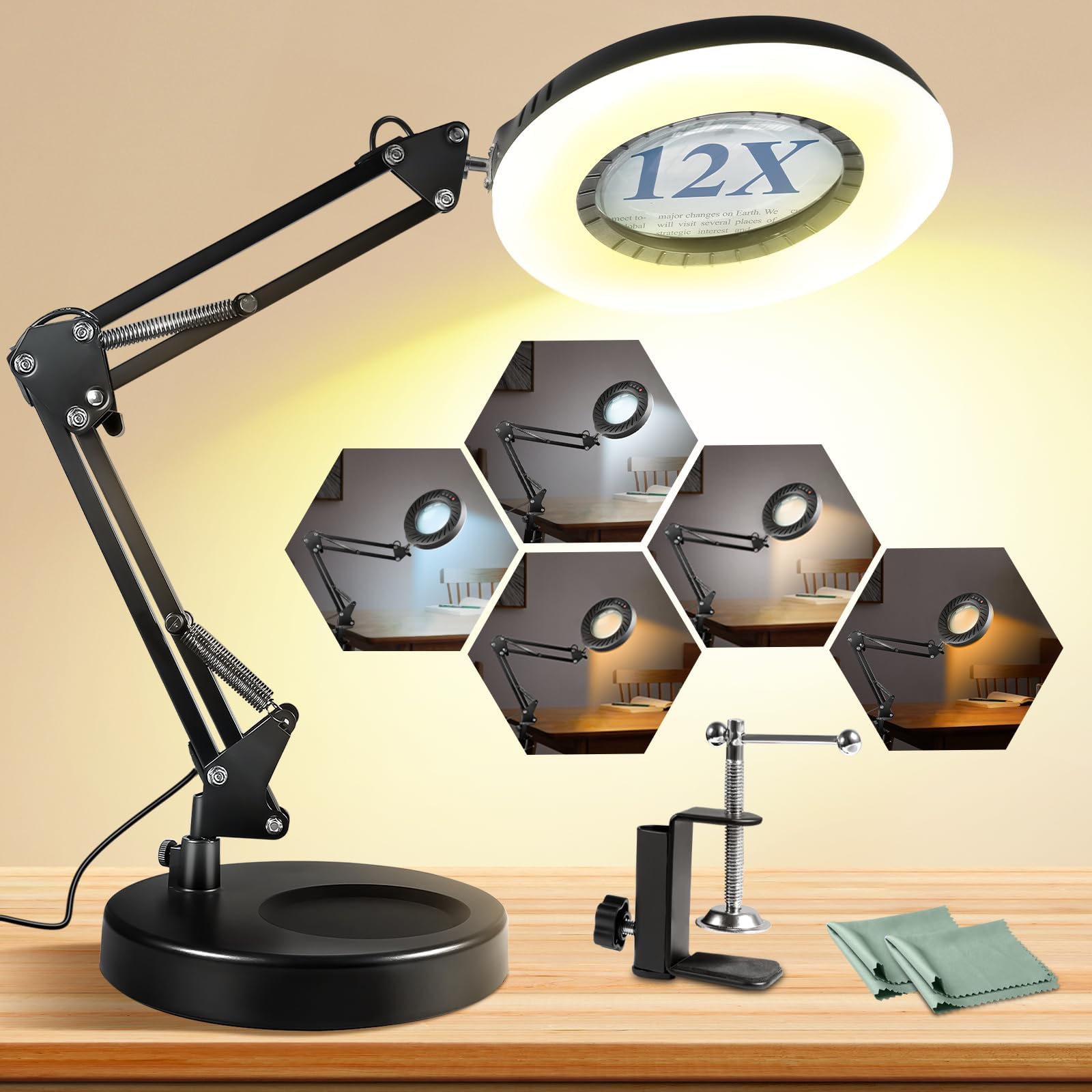 12X Magnifying Glass with Light and Stand - 144 LED Brightest Magnifying Lamp, 10 Dimmable Brightness & 5 Color Modes, Hands-Free Metal Desk Lamp for Crafts, Reading, Painting, Jewelry Making, Watch Repair, and Close Work Tasks