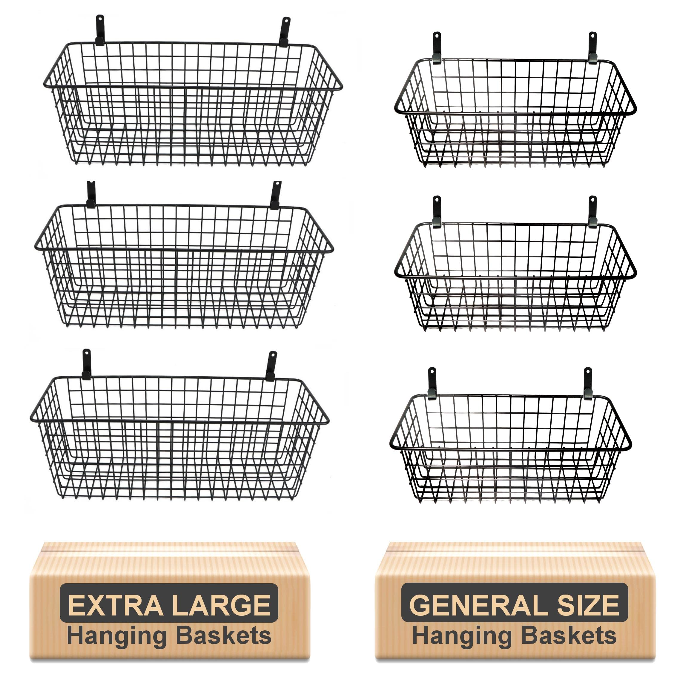 Joben Oligey 6-Piece Hanging Wire Basket Set (2 Sizes) - Wall Mount No Drill Adhesive Metal Storage Bins for Kitchen, Pantry, Laundry, Bathroom, Closet & Garage - Rustic Farmhouse Black Mesh Organizer - Perfect for Fruits, Vegetables, Spices & Household Items