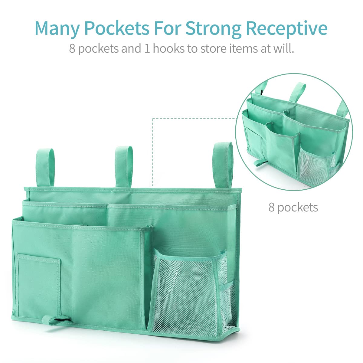 Bseash Bunk Bed Organizer - 8 Pocket Hanging Storage Bag with 600D Oxford Fabric, Perfect for Dorm Rooms, Hospital Beds & Baby Cribs (Light Green) | Space-Saving Organizer for Books, Phones & Essentials