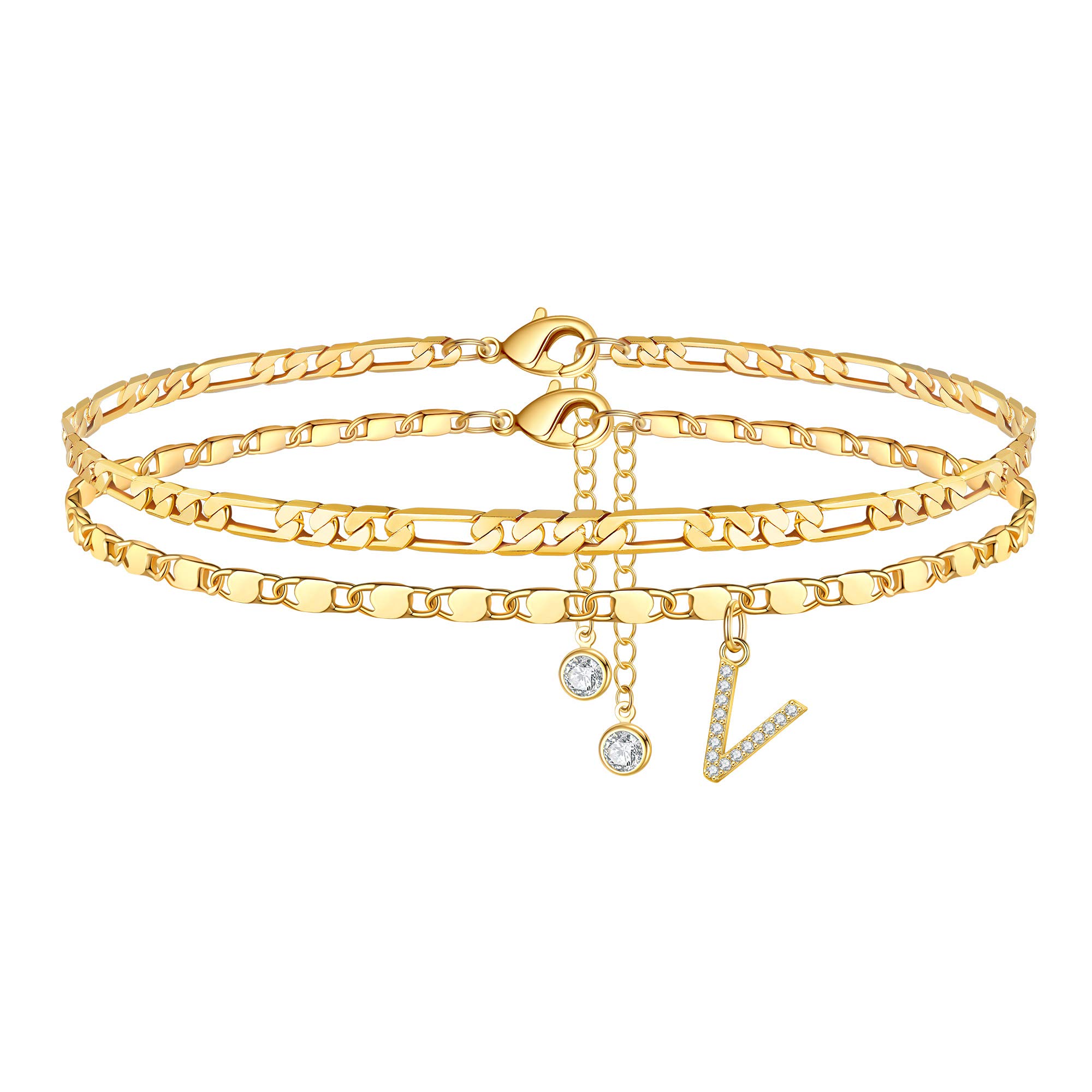 14K Gold Plated Dainty Ankle Bracelets for Women - CZ Initial Layered Chain Anklet Set, Summer Jewelry Gifts for Her | Perfect for Beach Vacations, Date Nights & Everyday Wear