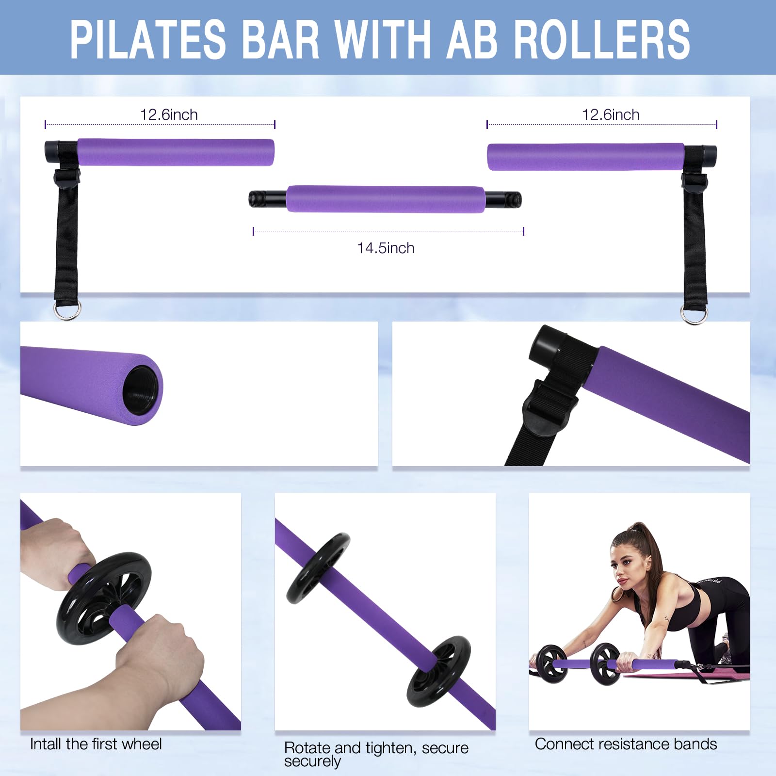 Pilates Bar Kit with 6 Resistance Bands - Yoga Exercise Bar with AB Roller - Portable Home Gym Equipment for Women & Men - Leg, Hip, Waist & Arm Workout - Perfect for Home Fitness, Yoga & Pilates Training