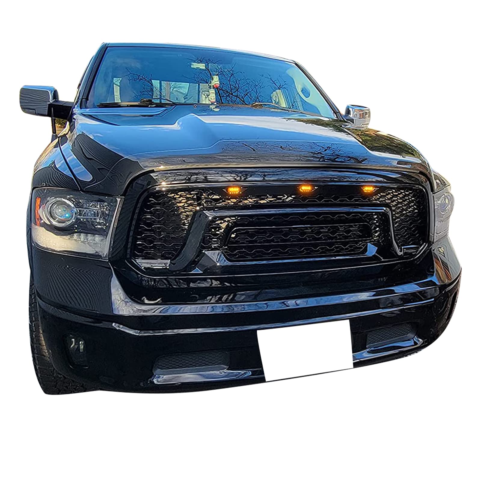 FREEMOTOR802 Gloss Black ABS Plastic Front Grill with LED Light - Compatible with 2013-2018 Ram 1500 & 2019-2024 Ram 1500 Classic - Upgrade Your Truck's Style for Off-Roading & Daily Driving