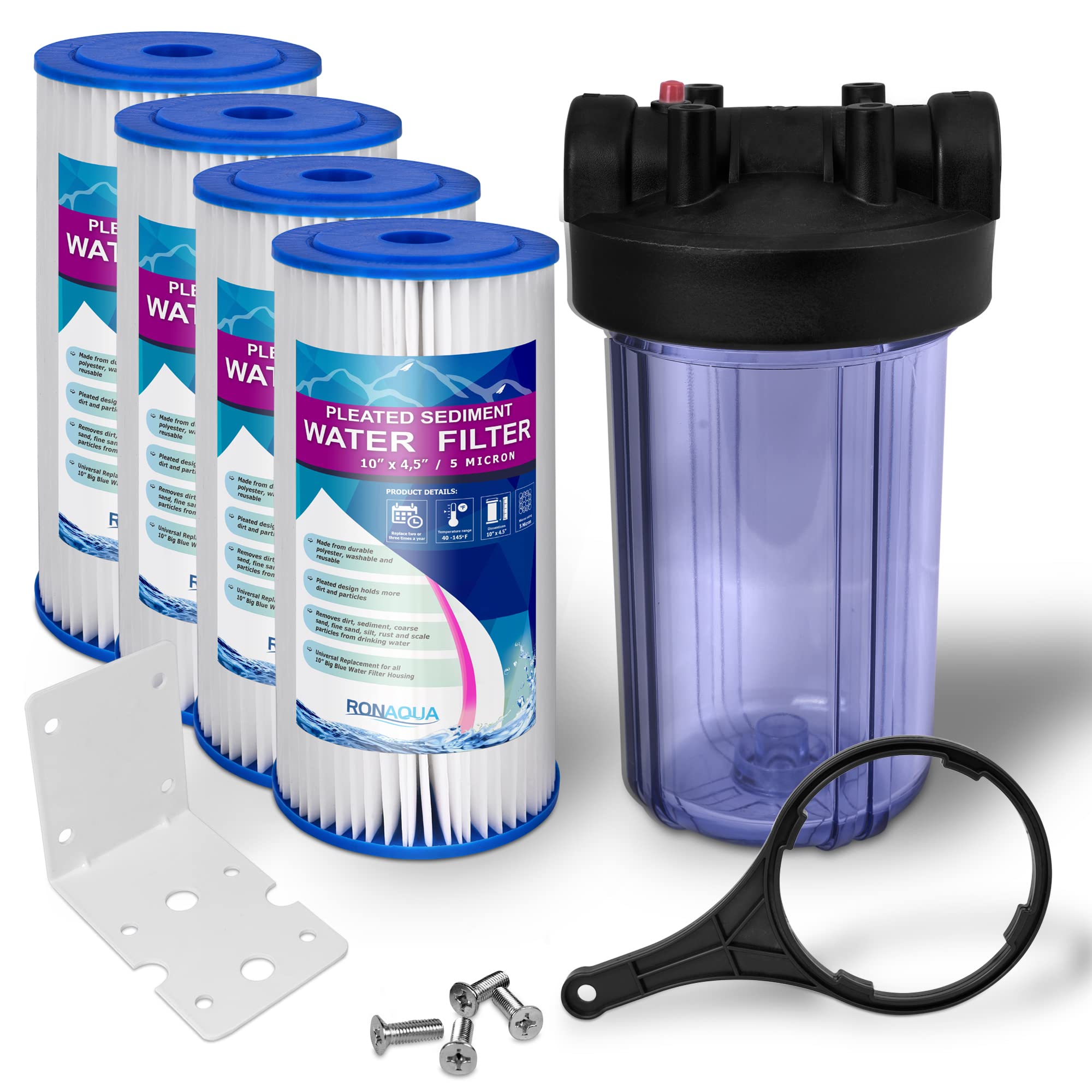 10 x 4.5-Inch Whole House Water Filtration System - High Capacity Transparent Filter with Pressure Relief Button, 1