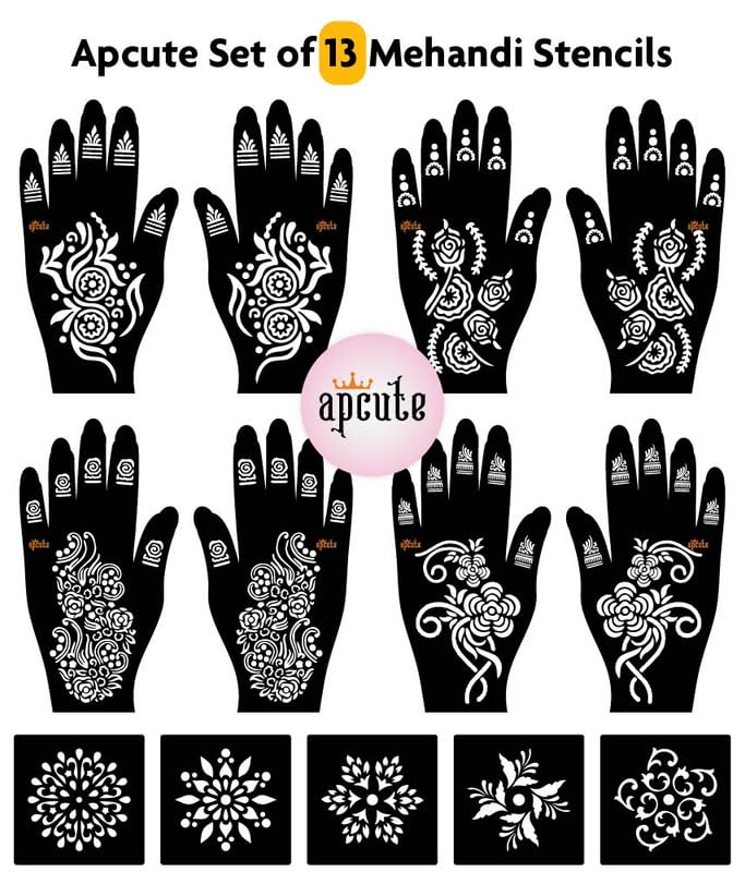 APCUTE 13-Piece Mehndi Stencil Kit | Temporary Henna Tattoo Stencils for Full Hand Designs - Easy 4-Step Application for Women & Girls | Perfect for Weddings, Festivals & DIY Body Art (Designs 224-225-54-45)