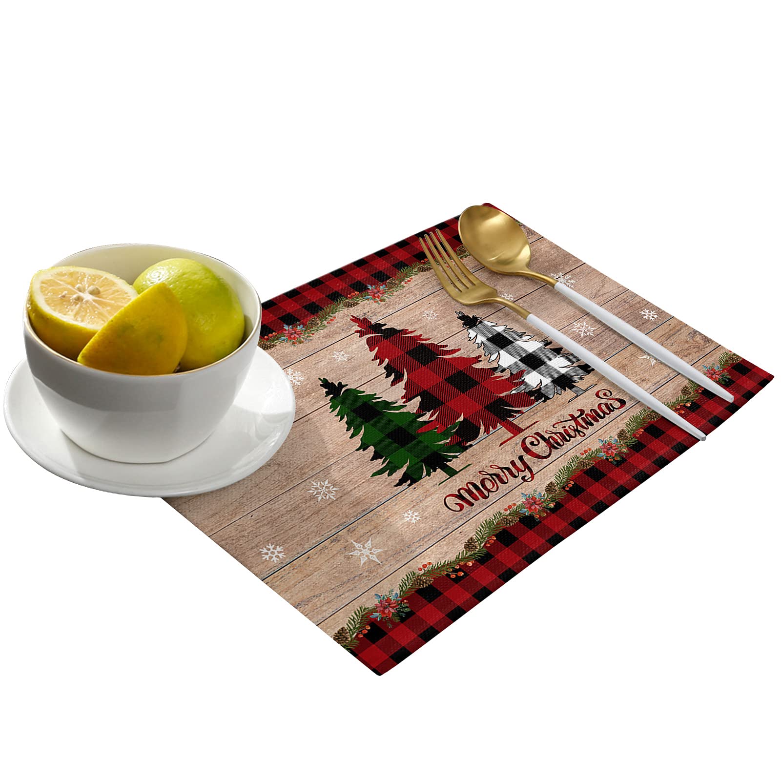 Festive Buffalo Plaid Christmas Tree Placemats - Set of 4, Snowflake Design Thermal Insulated Non-Slip Table Mats for Holiday Dining Decor, Washable Wood Grain Kitchen Table Mats - Perfect for Christmas Dinner, Winter Parties & Cozy Family Gatherings