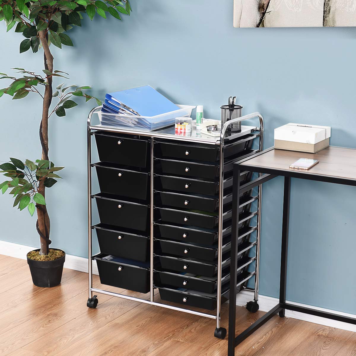 RELAX4LIFE 15-Drawer Rolling Storage Cart with Wheels - Mobile Organizer for Craft Supplies, Art Paper, Salon Tools & Classroom Organization - Black Utility Cart for Teachers, Office & School Use - Perfect for Home, Office & Salon Storage Solutions