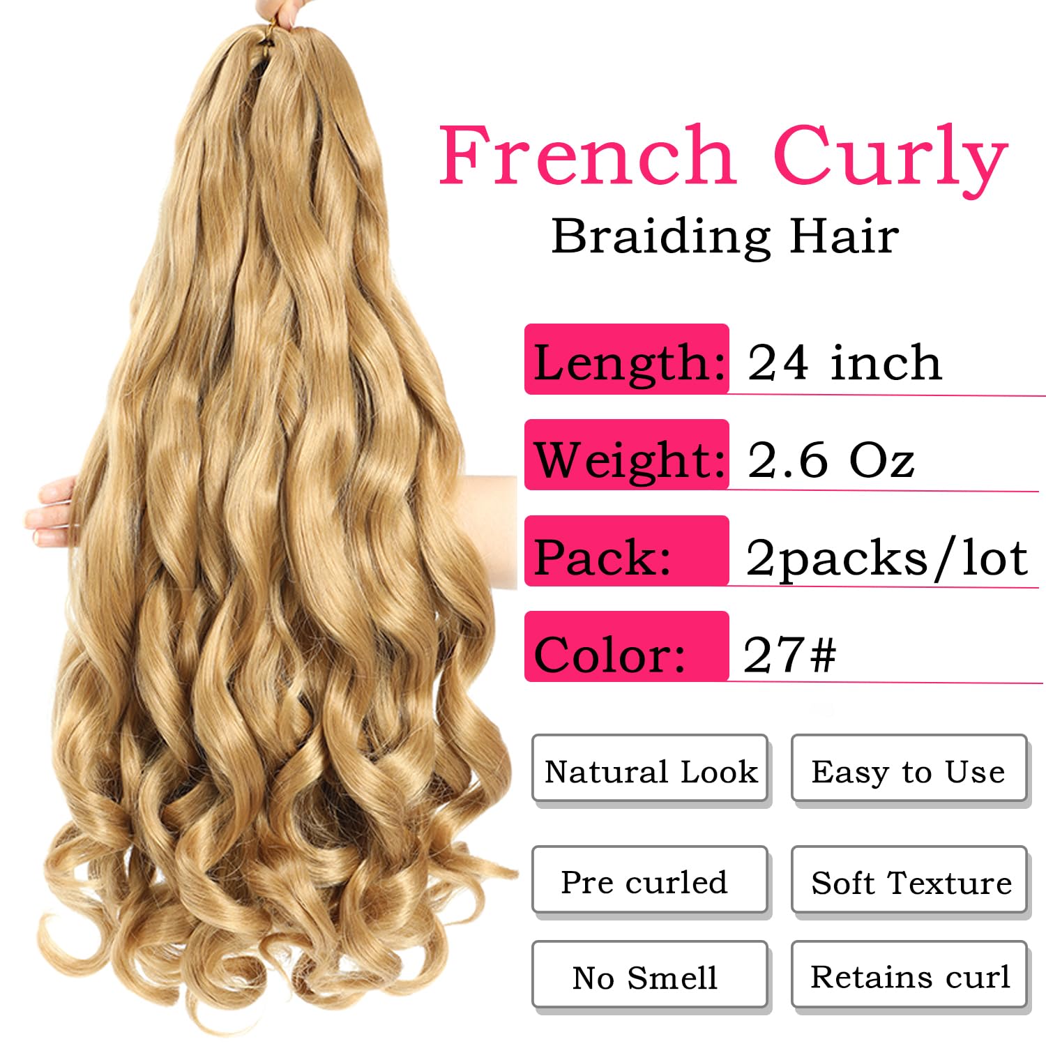 24 Inch French Curly Braiding Hair - Pre-Stretched Bouncy Synthetic Hair Extensions for Black Women | 2 Packs (27 Strands) | Perfect for Protective Styles, Box Braids & Boho Looks