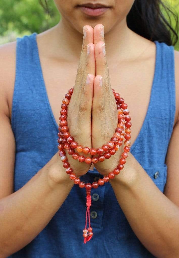 108 Bead Striped Red Agate Tibetan Mala Prayer Necklace - Buddhist Meditation Beads for Yoga, Mindfulness & Spiritual Healing