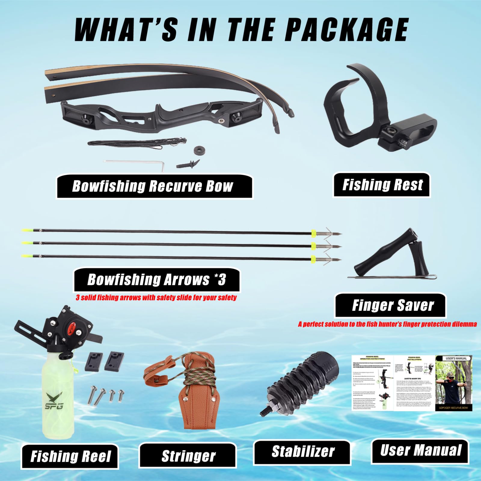 SOPOGER 45lbs Recurve Bowfishing Bow Kit for Adults - Powerful Bow Fishing Combos with Durable Reels & Detailed Instructions - Perfect for Big Fish Hunting in Lakes, Rivers, and Outdoor Adventures