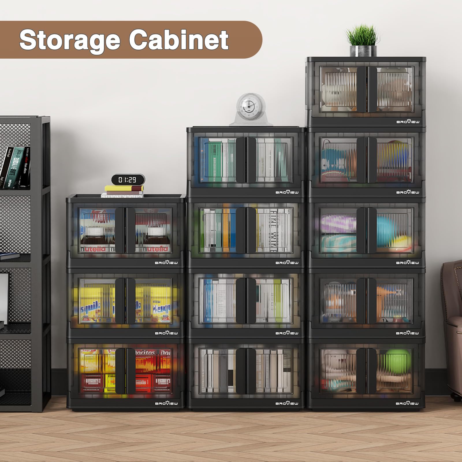V6 136 QT Stackable Storage Bins with Lids & Wheels - Collapsible Folding Storage Cabinets with Doors for Closet, Home Office, Dorm Organization (Black) | Perfect for Seasonal Clothes, Toys, and Household Items Storage