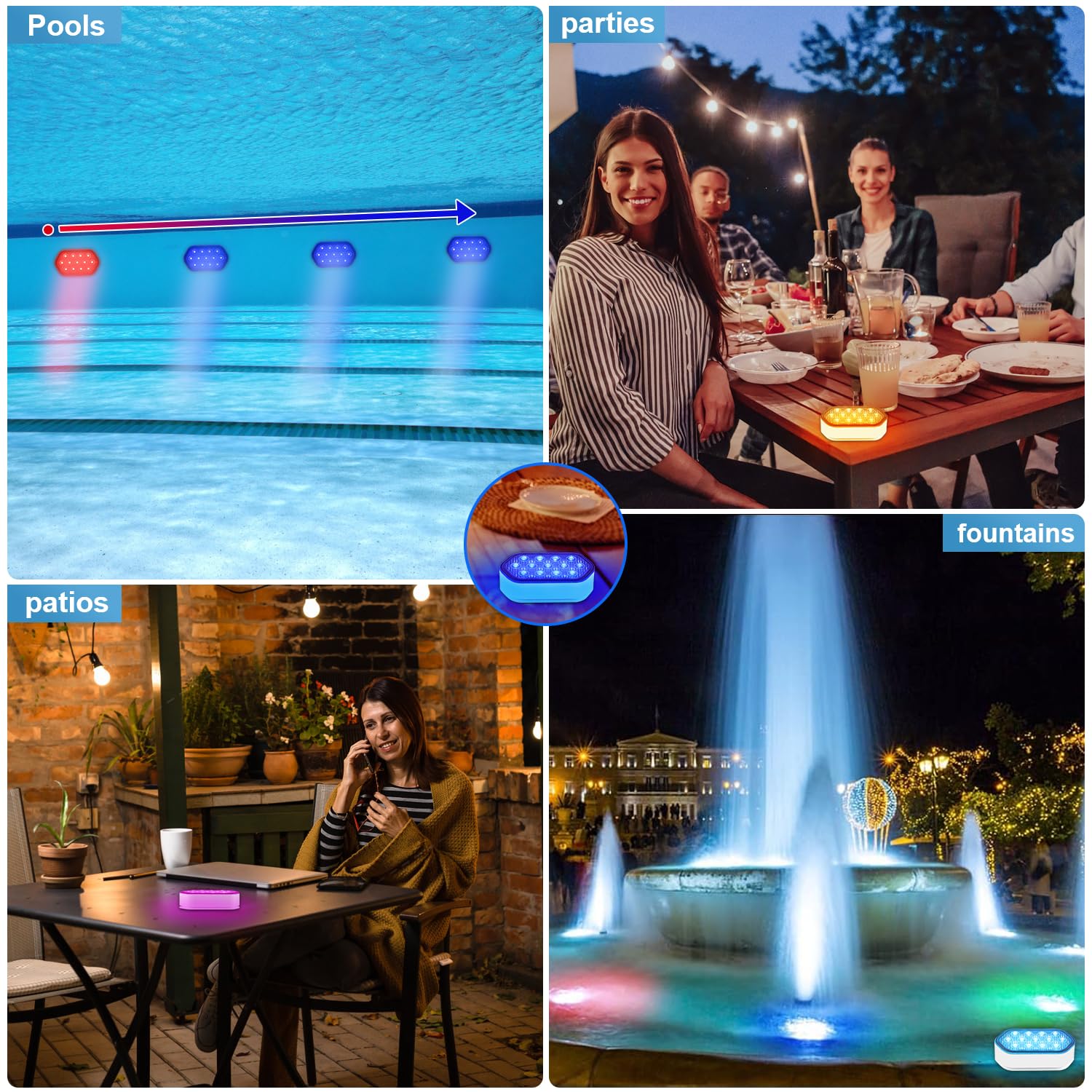 Rechargeable Submersible LED Pool Lights - 16 Color Chase Mode, IP68 Waterproof, Floating Lights with Remote (4 Pack) | Perfect for Inground Pools, Hot Tubs, and Backyard Water Features