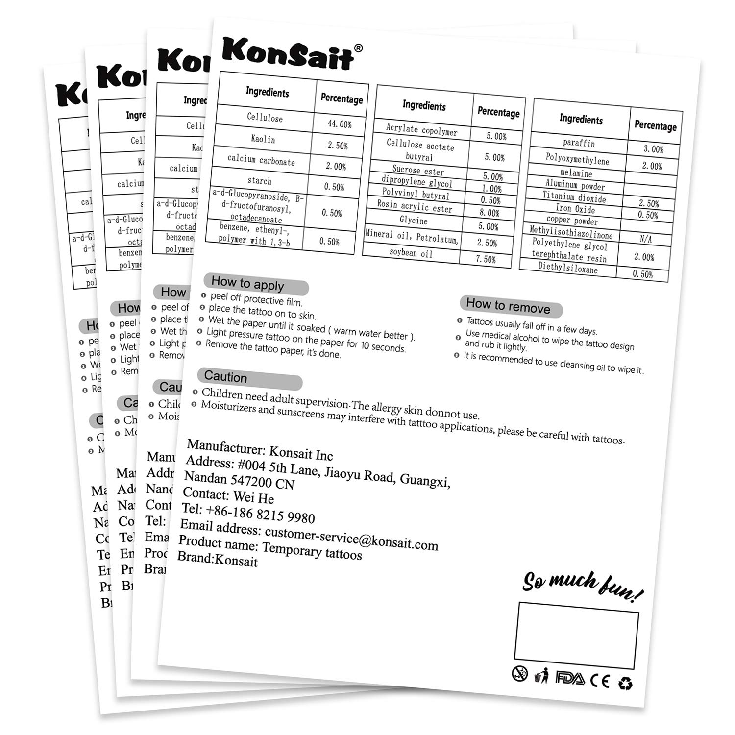 Konsait 4 Sheets Kids Temporary Tattoos - 98 Fun Designs for Birthday Parties, Goodie Bags & Costume Accessories | Safe & Easy to Apply Waterproof Fake Tattoos for Boys & Girls | Perfect for Halloween, School Events & Playdates