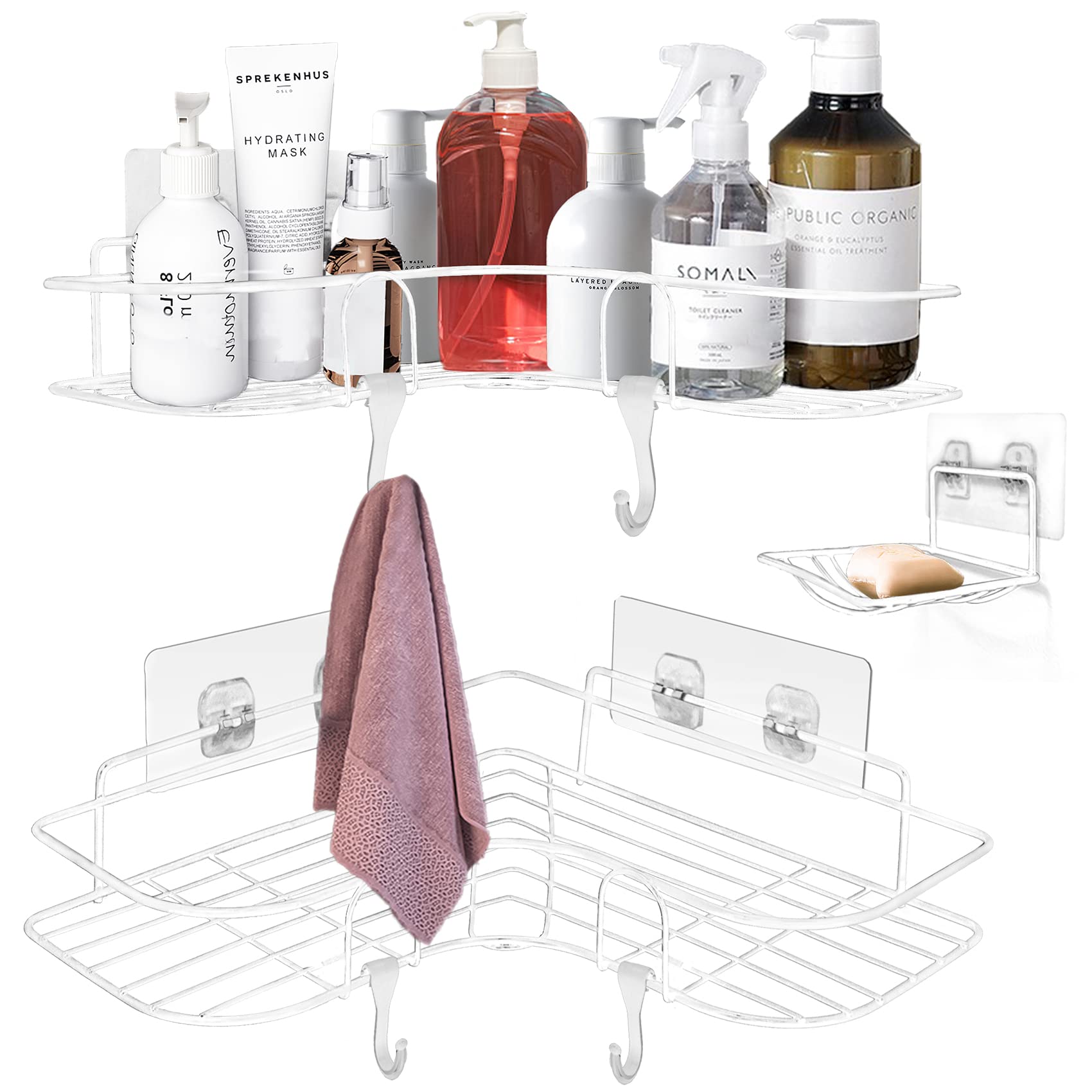 YOLETO Corner Shower Caddy Organizer - Rustproof Bathroom Shelf with Soap Dish & Hooks for Shampoo, Conditioner Storage | Space-Saving Shower Accessories for Small Bathrooms & Apartment Showers (White)