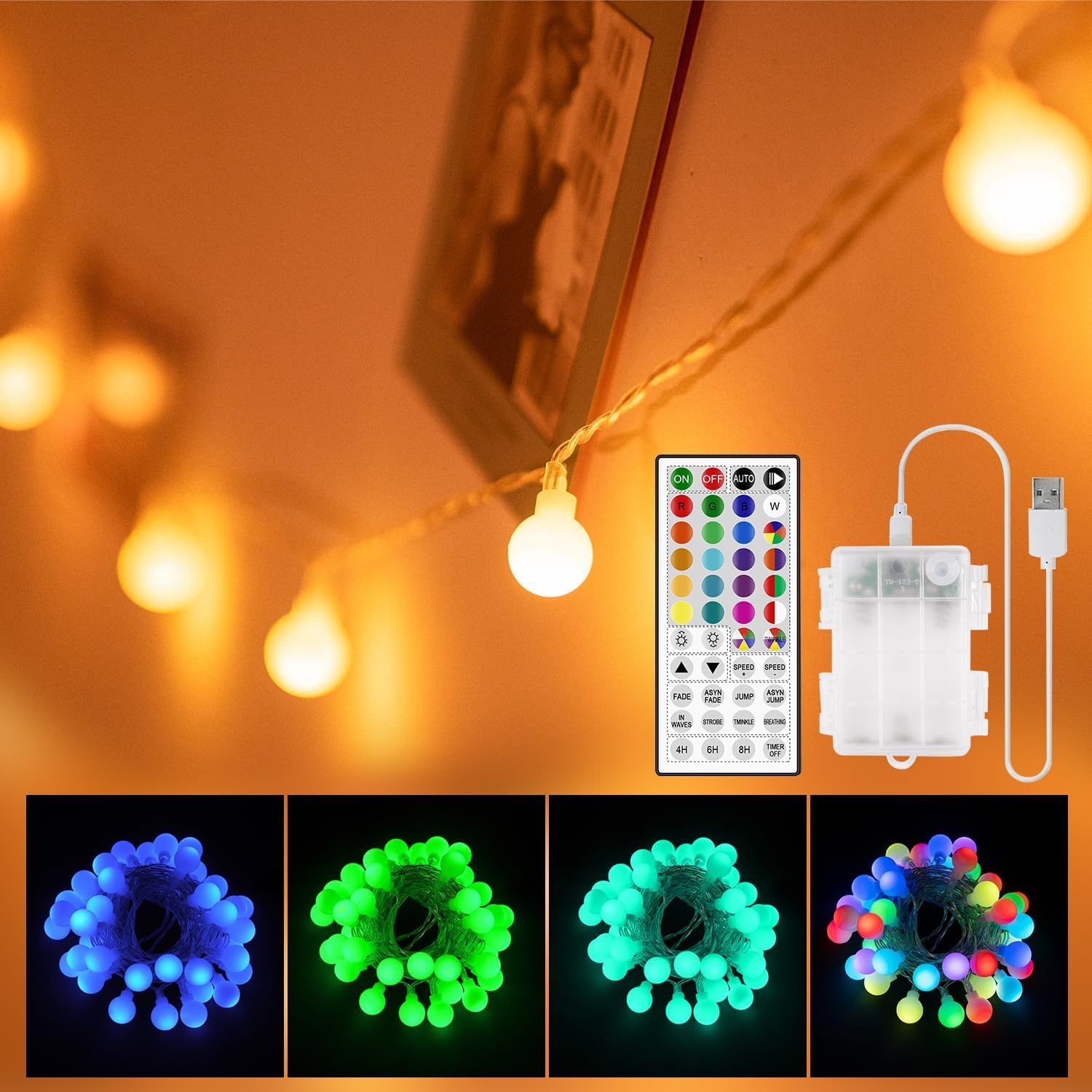 40 LED 16 Color Remote Control Battery Operated String Lights - Waterproof USB Powered Indoor/Outdoor Fairy Lights for Bedroom, Camping, Party, Patio, Holiday & Easter Decorations | Perfect for Weddings, Christmas Trees and Garden Lighting