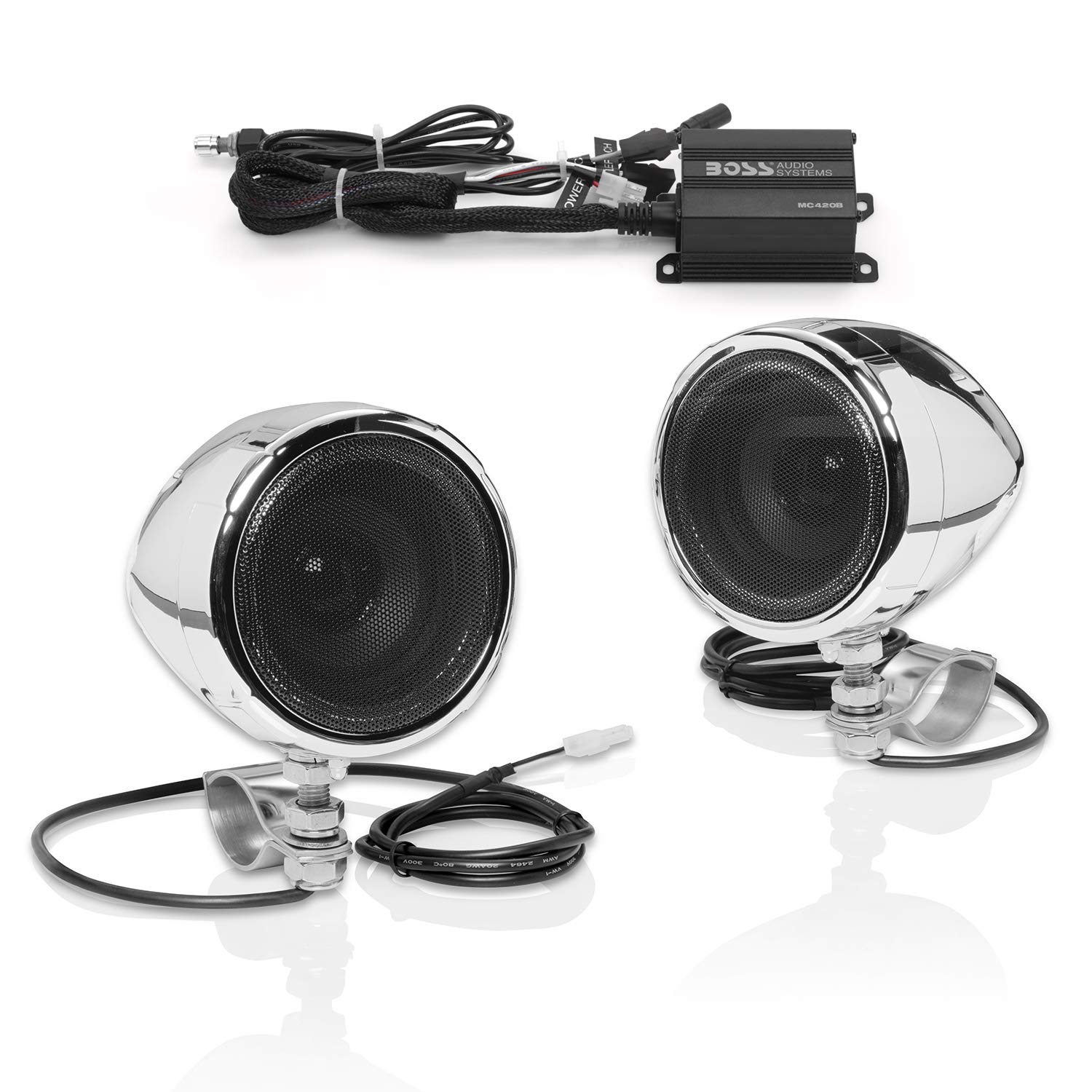 BOSS Audio Systems MC420B 3 Inch Waterproof Motorcycle Speakers with Class D Amplifier - Weatherproof ATV/UTV Sound System with Volume Control & Tweeter Compatibility - Perfect for Outdoor Adventures, Road Trips and Off-Road Vehicles
