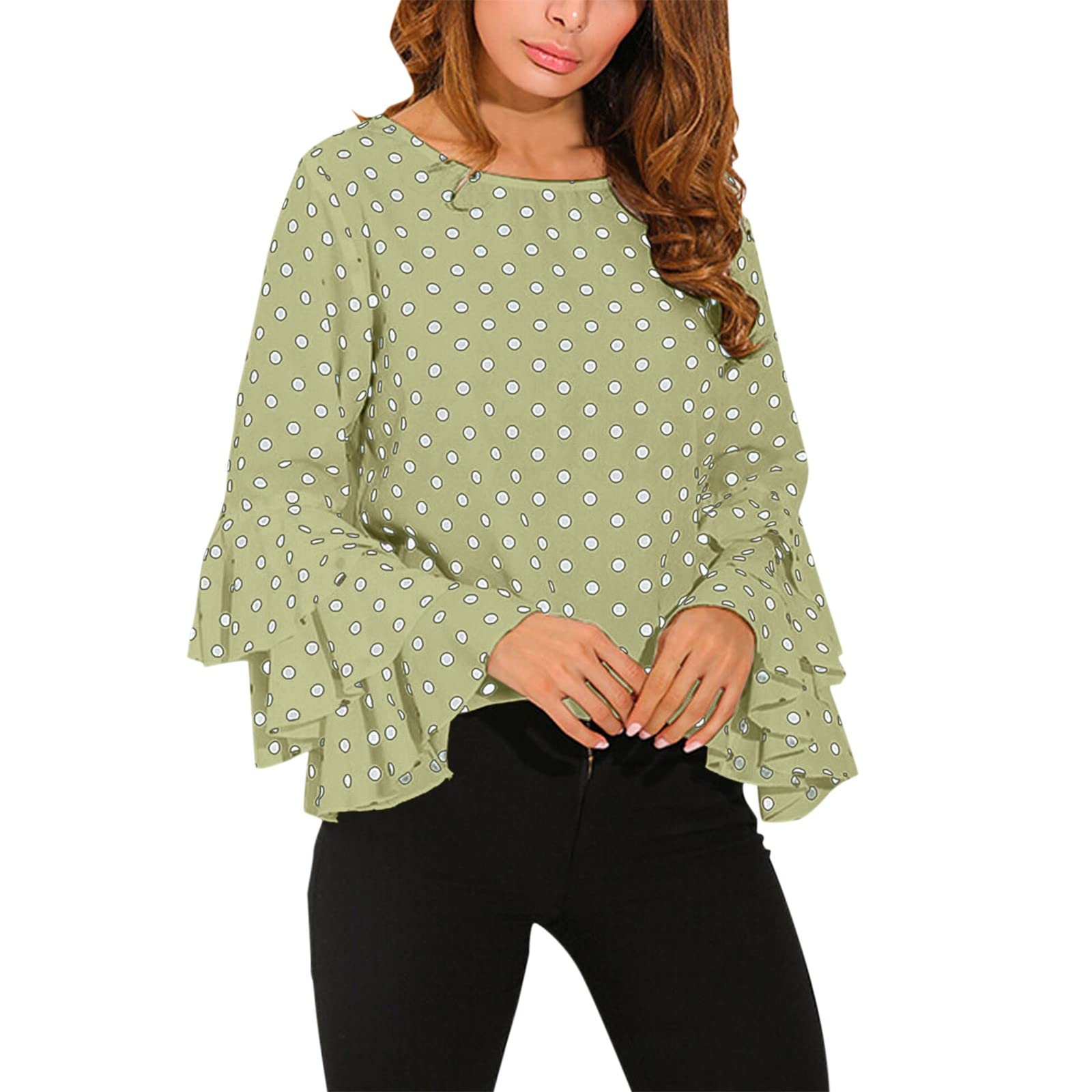Women's Casual O-Neck Bell Sleeve Loose Polka Dot Blouse - Stylish Red Tops for Work, Date Night & Everyday Wear