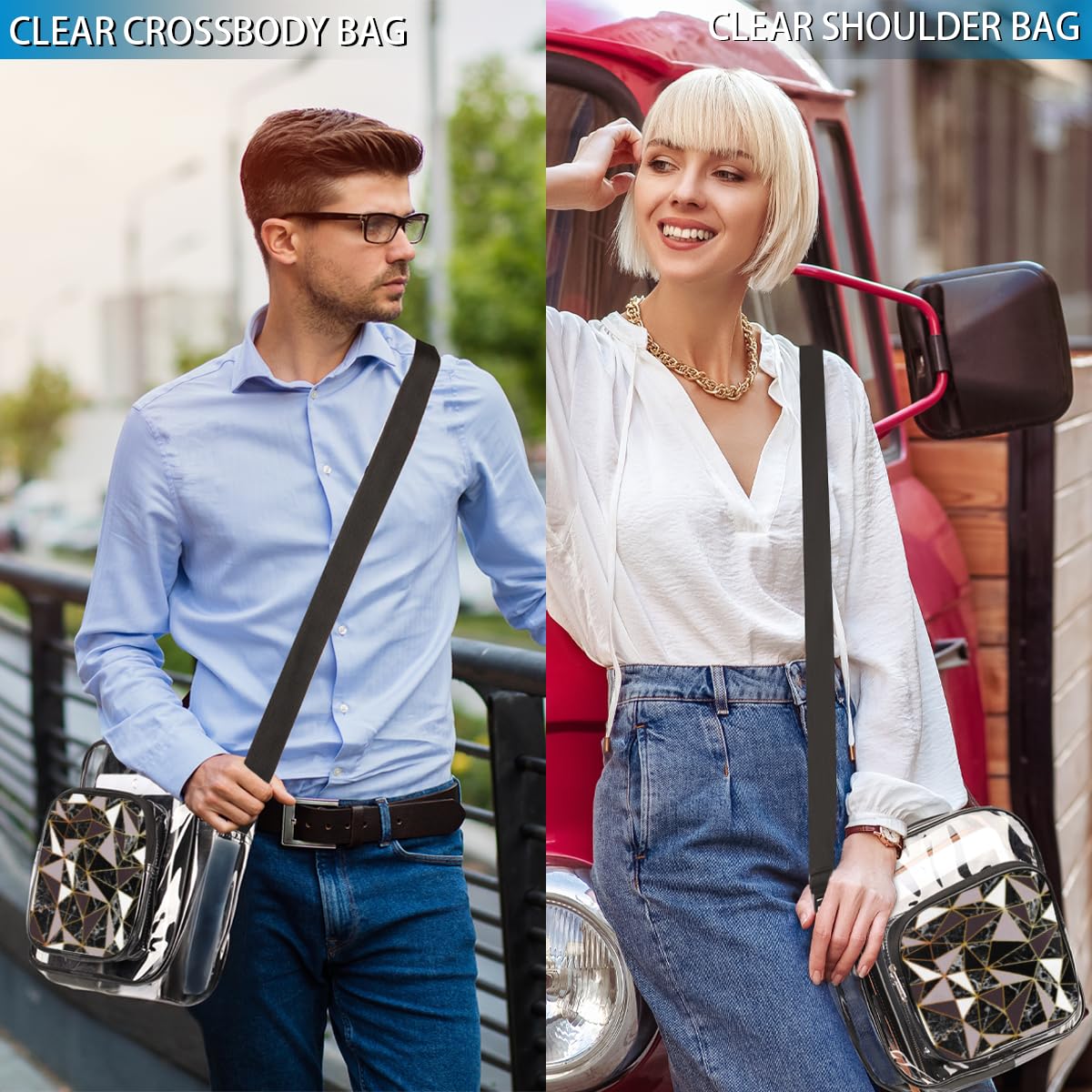 QsirBC Clear Crossbody Bag - Marble Pattern PVC Purse, Transparent Messenger Shoulder Bag for Women (9.84 x 3.9 x 10.23 in) - Perfect for Concerts, Sports Events, Stadiums, Work & Travel Accessories