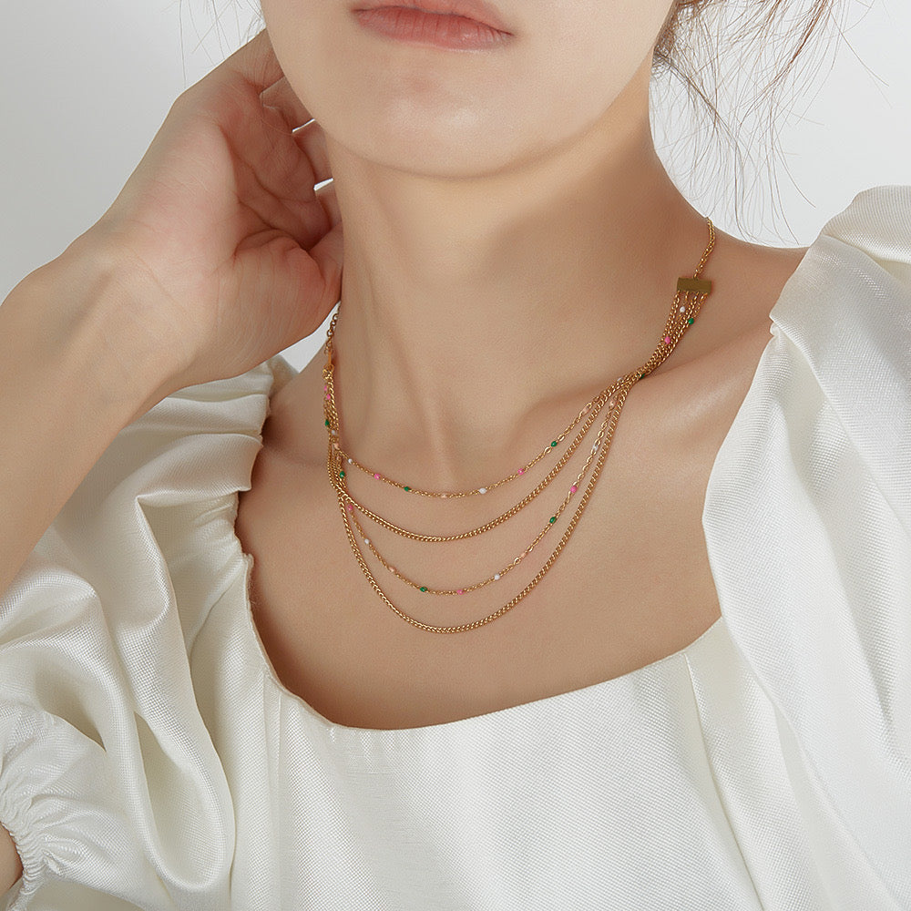 Multi Strand Gold Chain Necklace with Colorful Beads | GX2336 | Elegant Layered Jewelry for Women, Perfect for Parties, Weddings & Everyday Wear