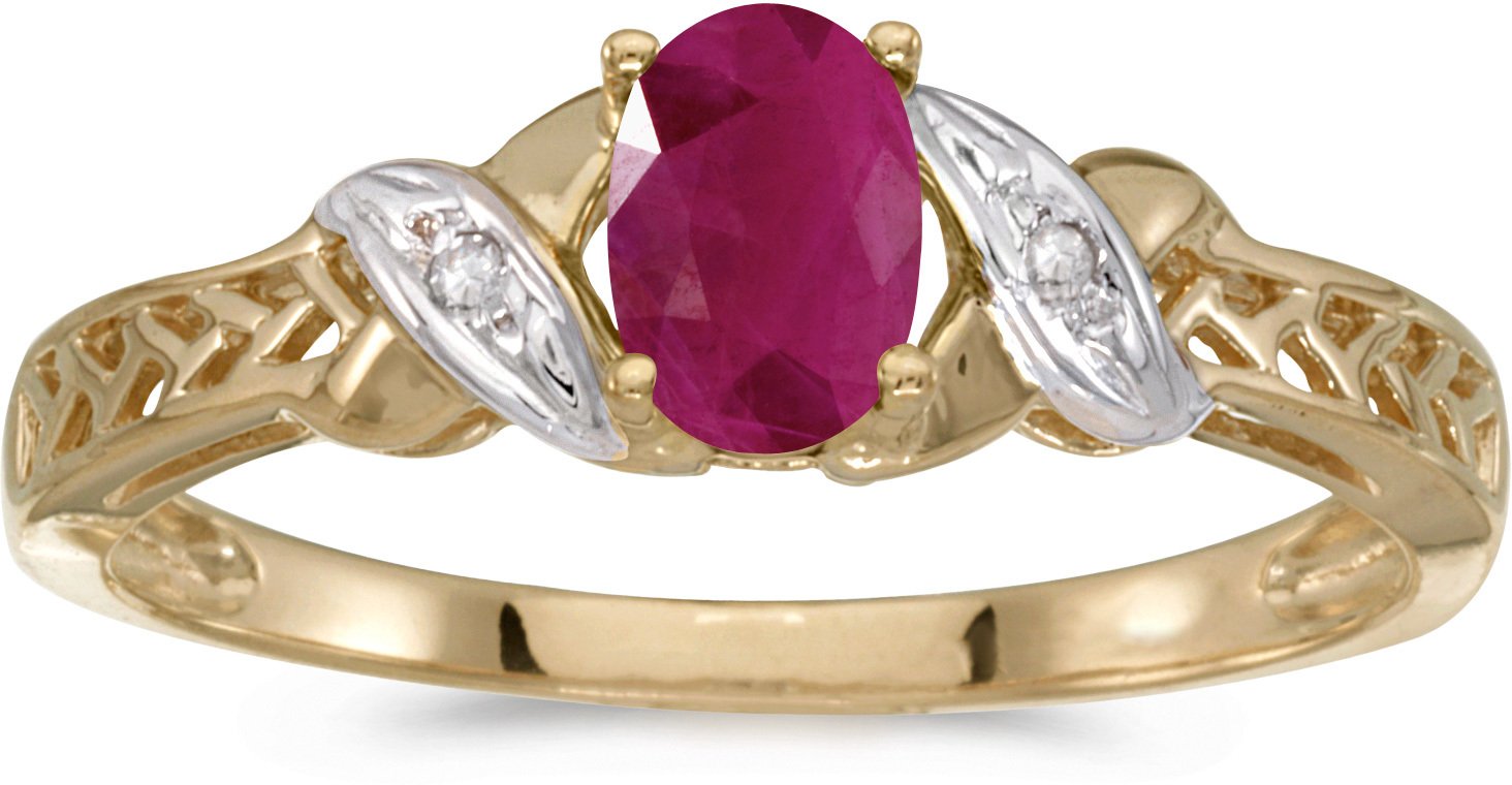 10K Yellow Gold Oval Ruby and Diamond Ring for Women - Elegant Vintage Style Engagement & Wedding Jewelry Gift - Perfect for Anniversaries, Birthdays, and Special Occasions