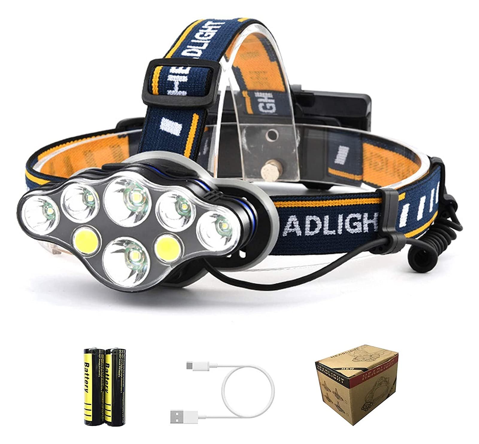 TONPOP Rechargeable Headlamp - 18000 Lumen Super Bright LED Headlight with USB Cable & 2 Batteries, Adjustable Waterproof Head Torch for Fishing, Camping, Running, Cycling, Hiking, Outdoor Adventures