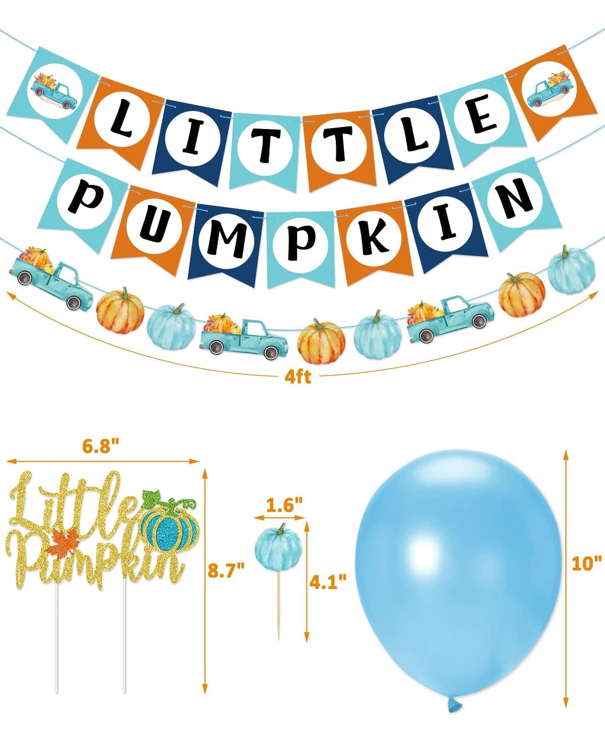Blue & Gold Glitter Pumpkin Decorations - Baby Shower Garland, Cake Toppers & Latex Balloons for Fall Birthday, Thanksgiving Party Supplies | Perfect for Autumn Celebrations, Nursery Decor and Seasonal Festivities