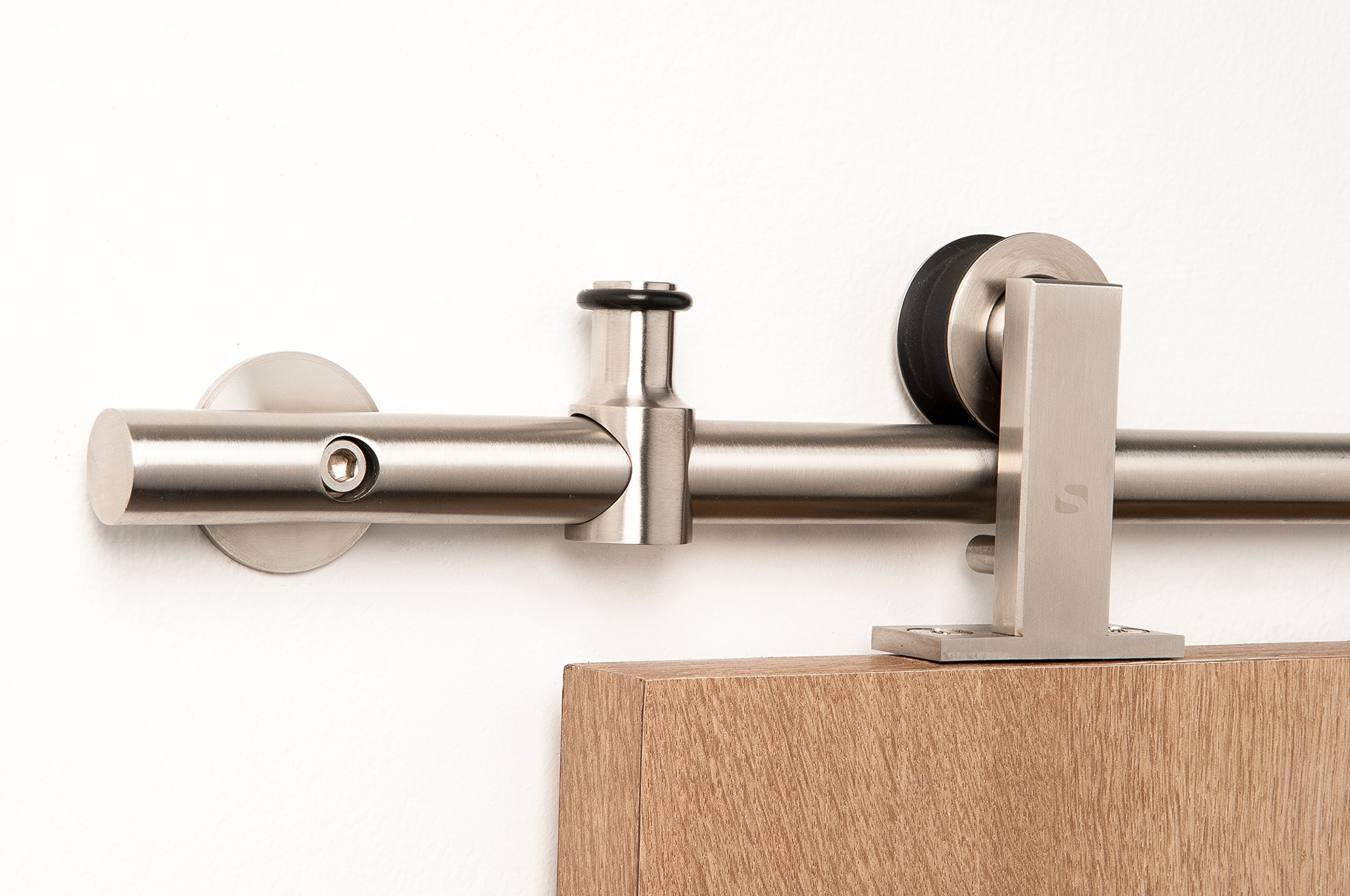 Contemporary Stainless Steel Sliding Barn Door Hardware Kit for Wood Doors - Satin Finish WT Series (6' Rail Length) | Modern Farmhouse Style | Perfect for Bedrooms, Closets & Room Dividers